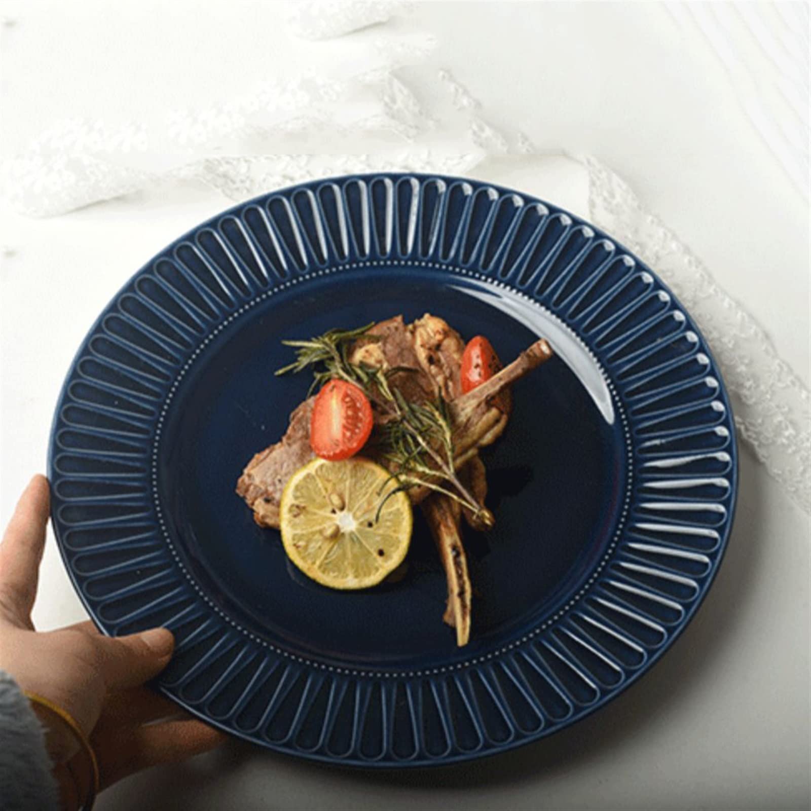 Platos Llanos Plato de Comedor con patrón en Relieve, Plato de Comedor de cerámica for el hogar, Restaurante, cafetería, Plato de Postre, Plato Plano Circular Platos Postre(A)