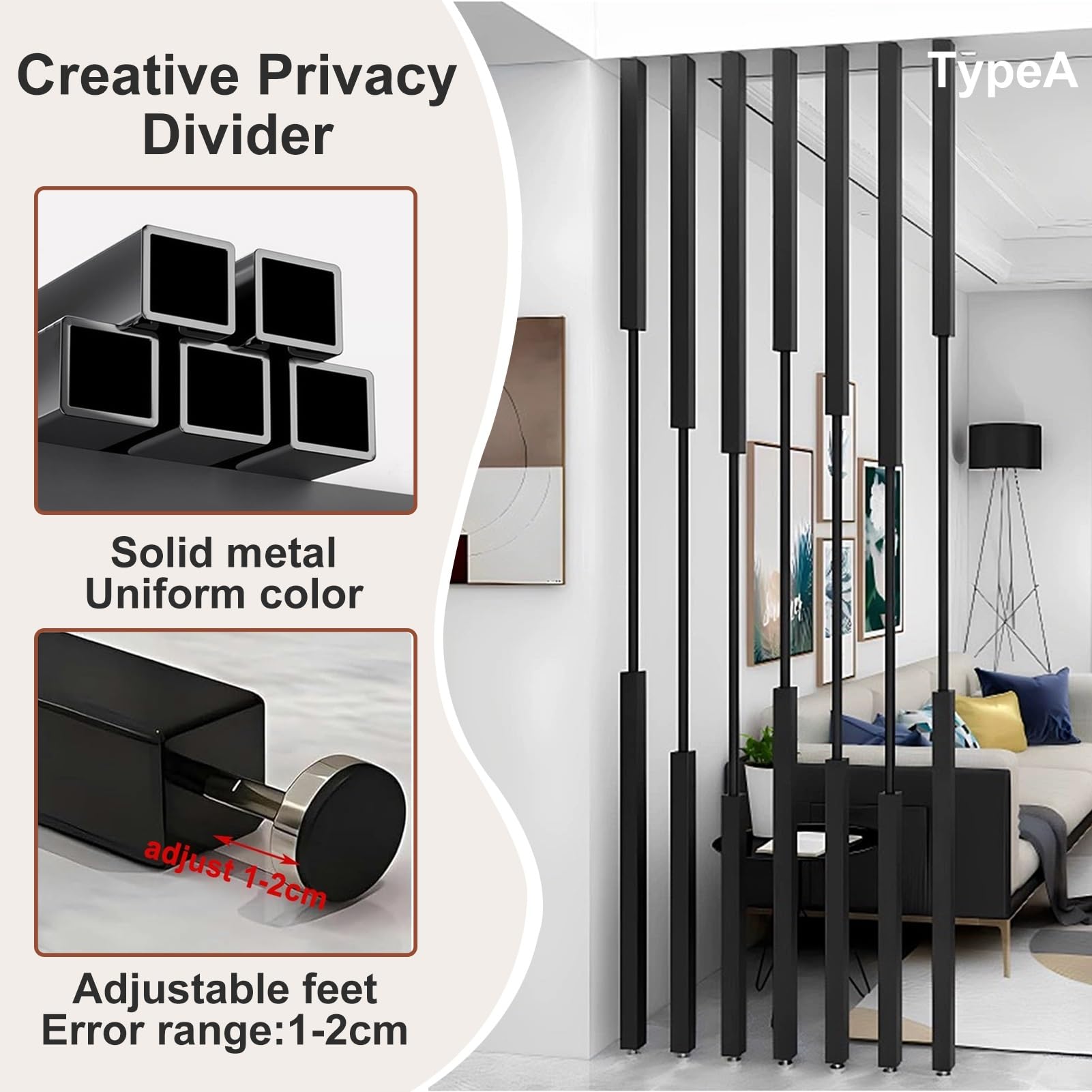 Paravent de séparation de pièce – Poteau sur pied sans perçage pour salon, salle de bain, entrée murale avec lattes métalliques