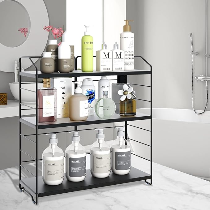 Organizador de Baño BOIVSHI de 3 Niveles, Altura Ajustable, Negro Metálico miniatura 2