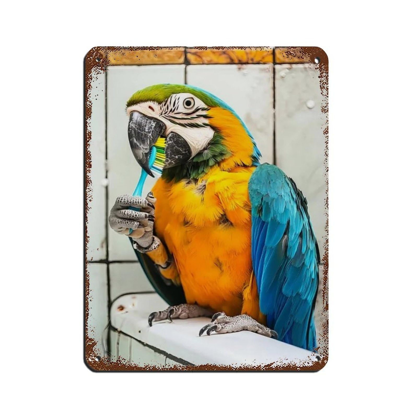 Parrot Brushing Teeth, Funny Bathroom Art Tin Sign Vintage Metal Pub Club Cafe Bar Home Wall Art Decoration Poster Retro 12x16inch(30x40cm)