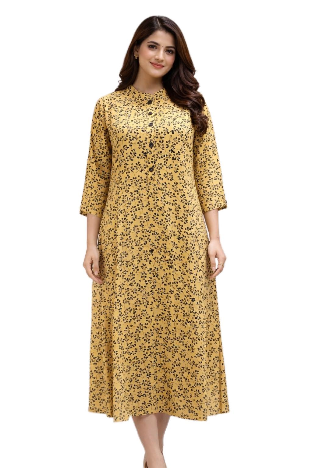 Women's Mustard Yellow, Sky Blue and Navy Blue Floral Print Kurti, 3/4 Sleeve A-Line-picture-37