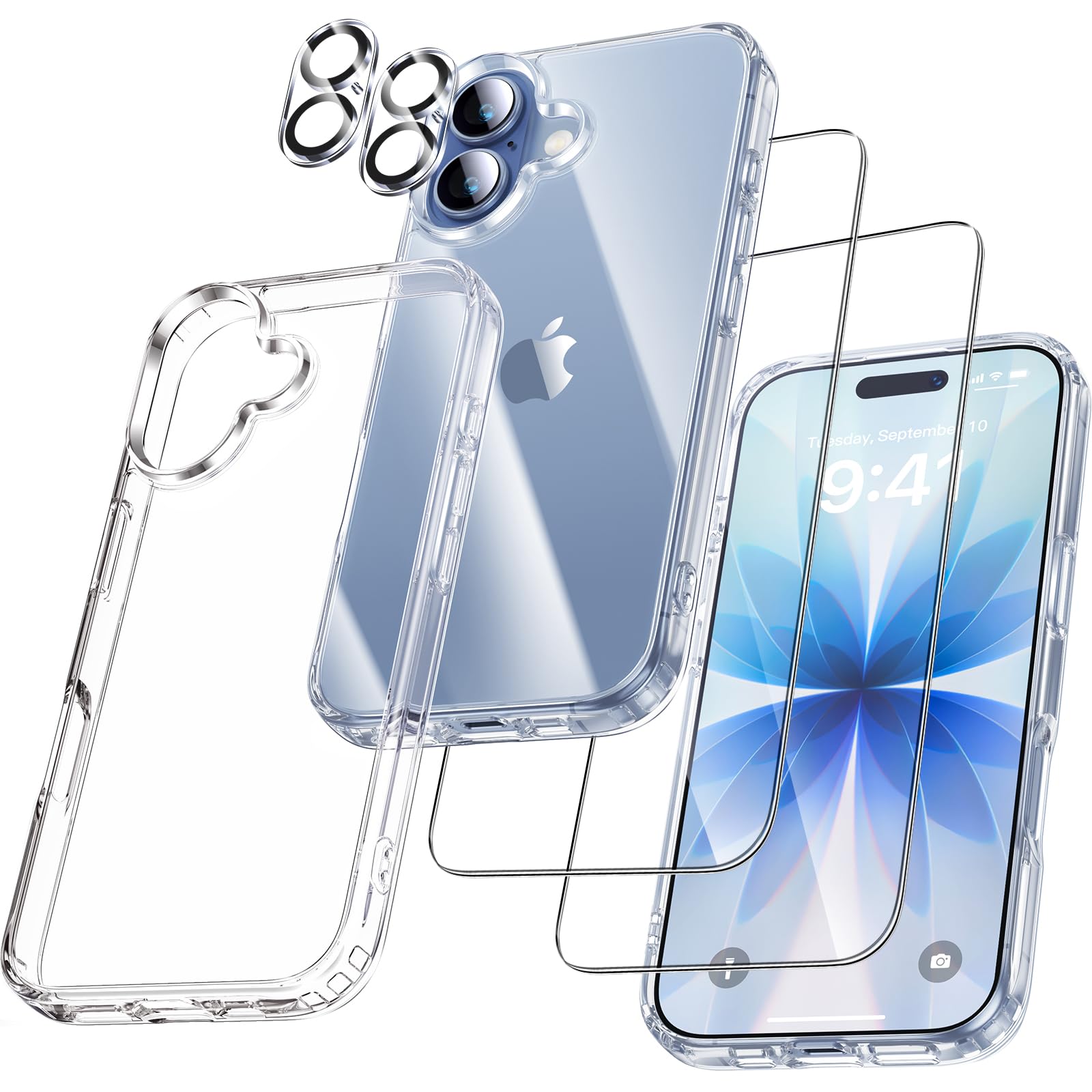 UniqueMe für iPhone 17 Hülle - Handyhülle für iPhone 17 Case, 5 in 1 Set Rundumschutz Schutzhülle Cover, 1 Handyhülle & 2 Schutzfolie & 2 Kameraschutz - Transparent