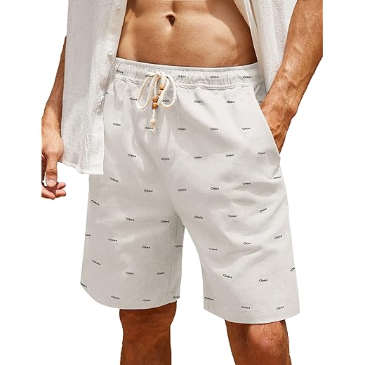 COOFANDY Shorts masculinos de linho casual cintura elástica cordão verão praia shorts