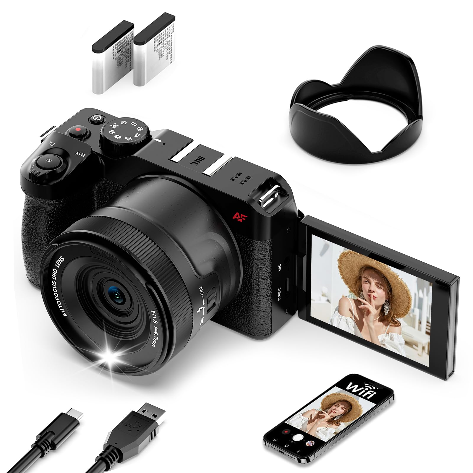 ORDRO 5K Digital Cameras for Photography 80MP Auto Focus Video Cameras for YouTube, 18X Zoom Camera with 180° Flip Screen, 2 Batteries, Lens Hood-image-9