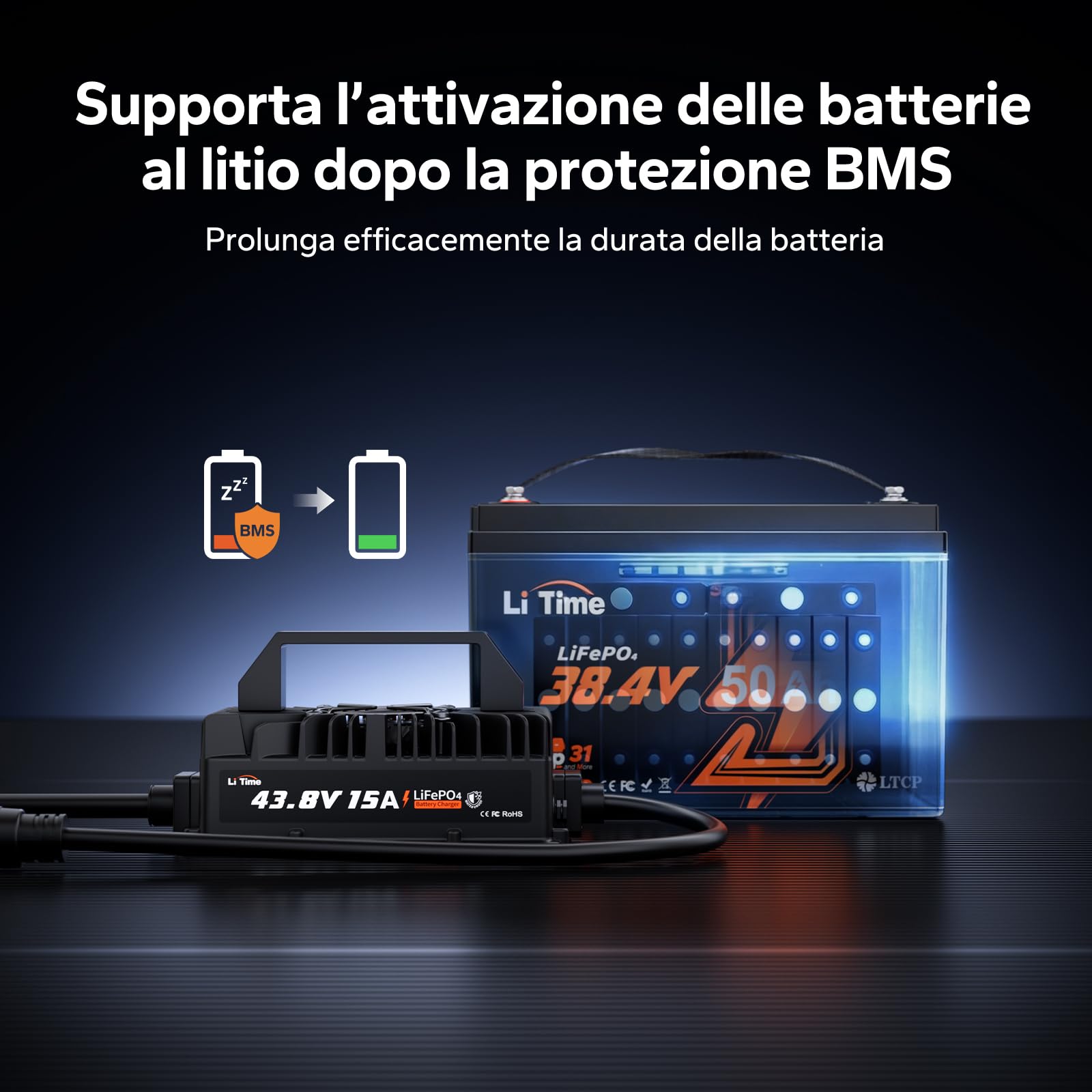 LiTime Caricabatterie LiFePO4 36V 15A, Caricabatterie Litio 43,8V IP66 Impermeabile con Attivazione Batteria, Indicatore LED, Carica Intelligente a 3 Stadi per Golf Cart, Camper, Barca