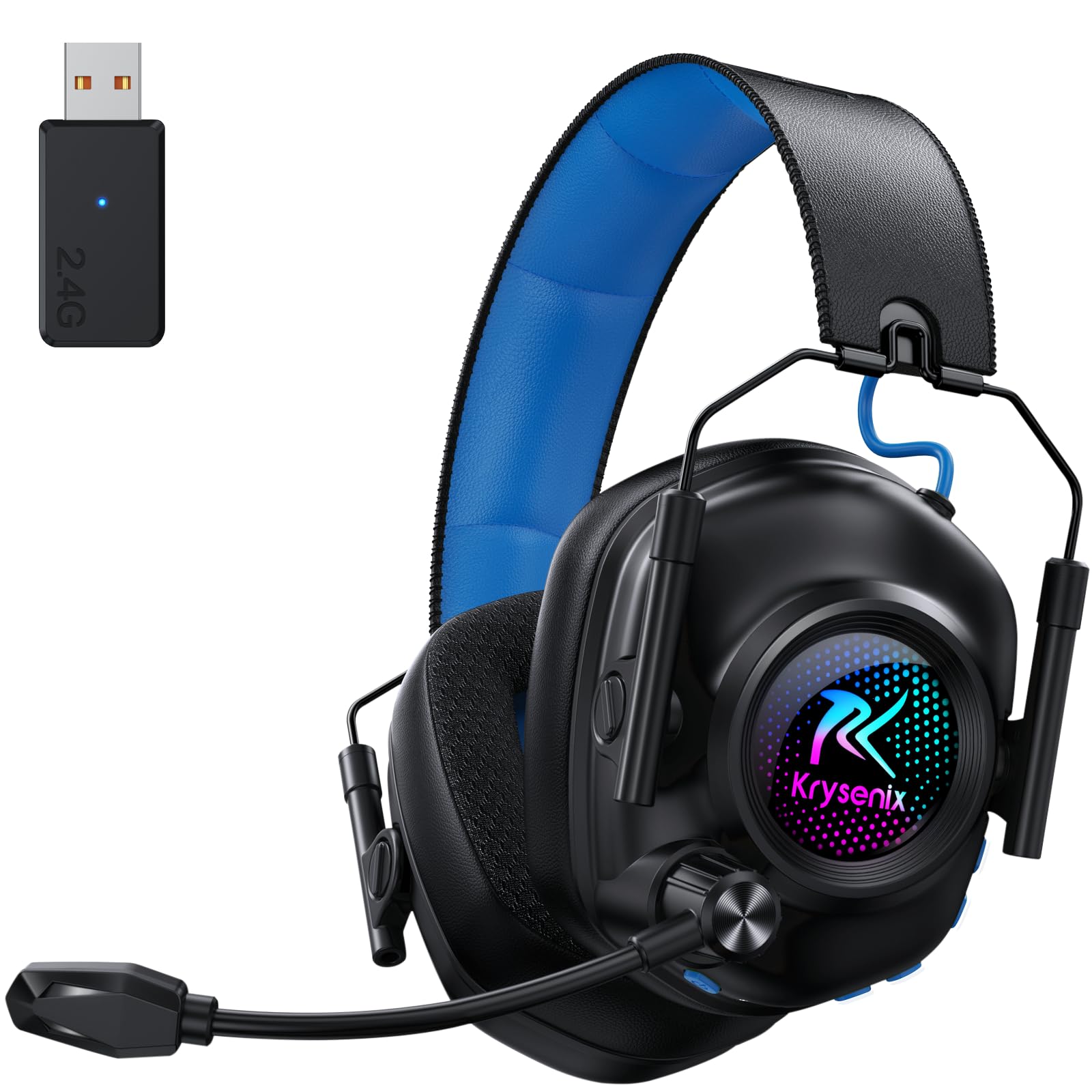 Krysenix KGH2 Bezprzewodowy zestaw słuchawkowy gamingowy, słuchawki Bluetooth 2.4G do PC, PS4, PS5, Mac, Switch, zestaw słuchawkowy z mikrofonem z redukcją szumów, składany, Czarny niebieski