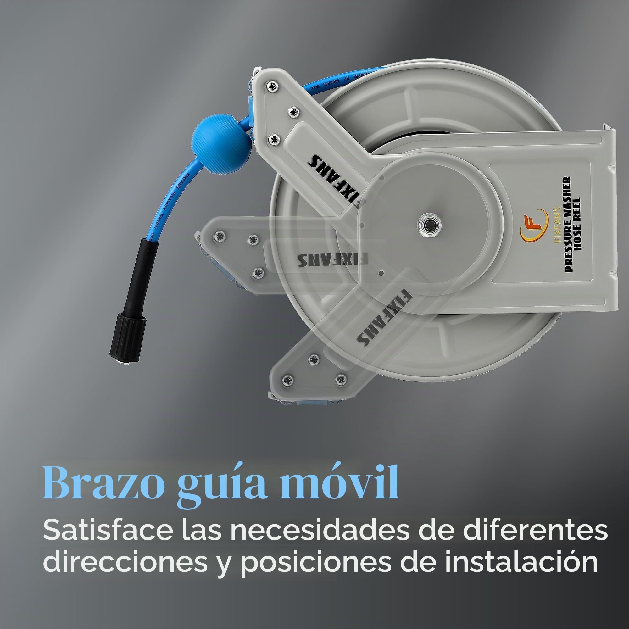 FIXFANS Carrete de manguera de lavado a presión con manguera, carrete de manguera retráctil de 1/4 pulgadas × 60 pies, carrete de manguera resistente, rebobinado automático, montado en la pared, 3600