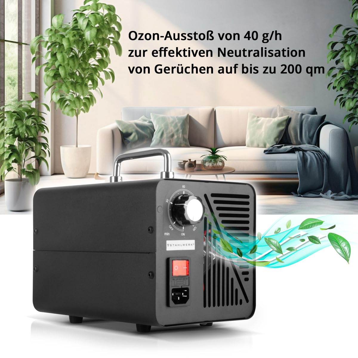 STAHLWERK Ozongenerator OG-40 ST mit 40 g/h, bis 200 qm, Dauerbetrieb- und Timer-Funktion, Ozonisator, Ozongerät, Ozon-Luftreiniger zur Neutralisation von Gerüchen in Auto, Haushalt und Bausanierung
