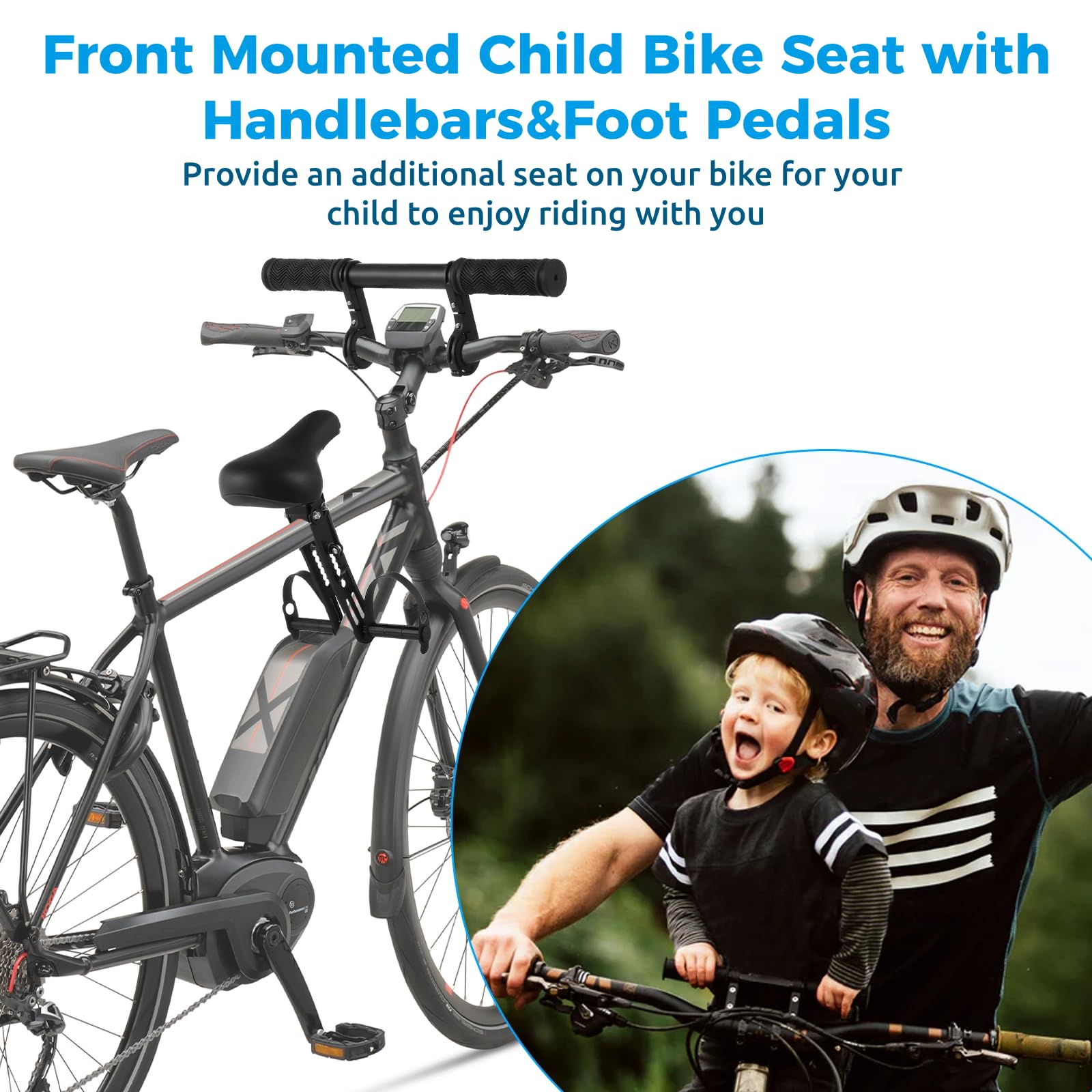 Siège de vélo pour enfant avec pédales et guidon, kit de siège de vélo pour enfants de 2 à 5 ans, compatible avec tous les VTT, kit de siège de vélo parent-enfant