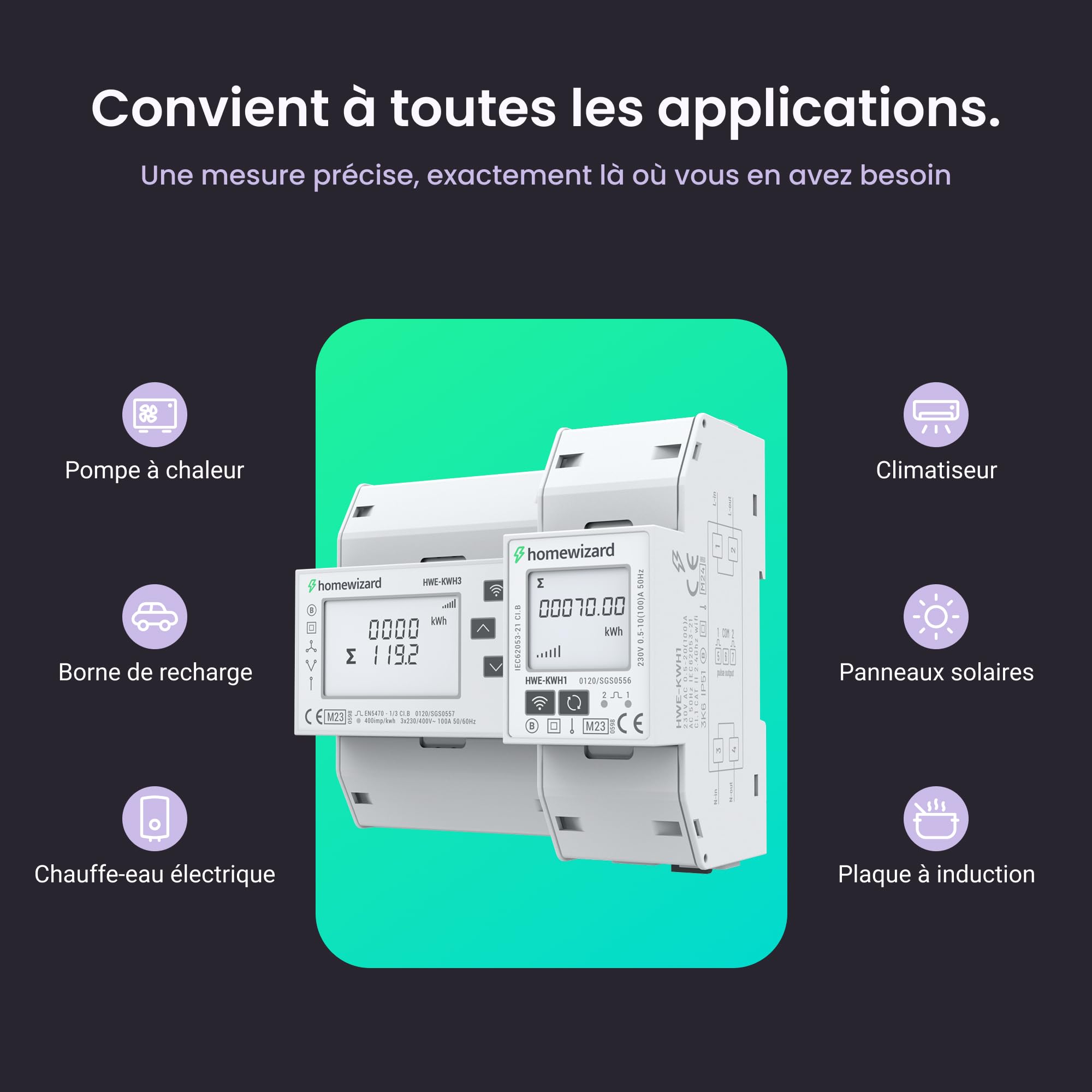 HomeWizard kWh mètre Wi-Fi 1 phase, certifié MID, rail DIN 35 mm, 100 A 230 V, compteur électrique pour solaire, pompe à chaleur, station de charge de voiture électrique, compteur d'alimentation