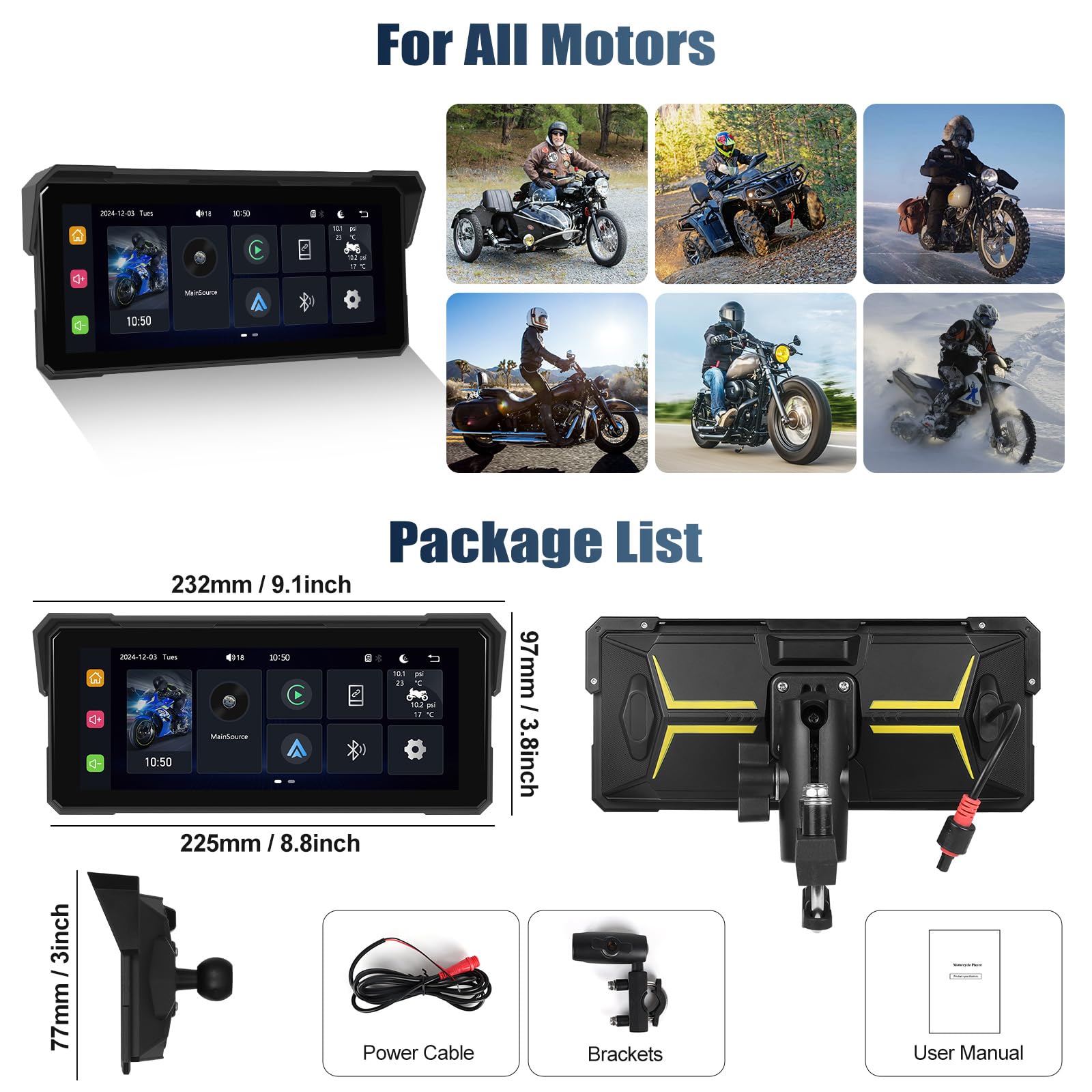CAMECHO Écran Moto 8.1 Pouces HD IP68 Dash Cam, CarPlay/Android Auto sans Fil, Mirroring iOS/Android &Bluetooth | Support Vertical Universel avec Fonds d’Écran