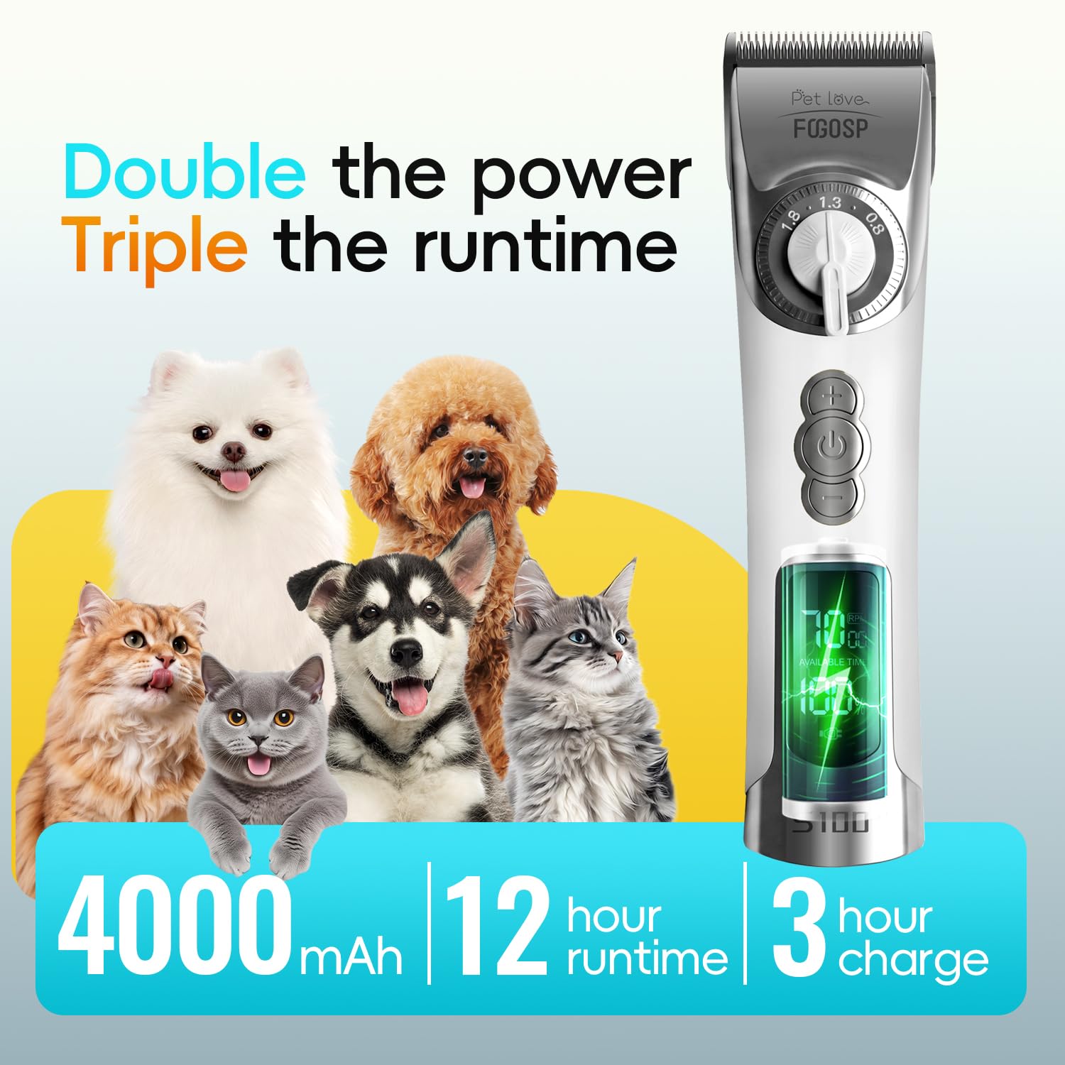 Tondeuse de toilettage sans fil pour chien - Lame remplaçable de 12 heures - 3 vitesses - Faible bruit - Tondeuse professionnelle pour toilettage - Robuste - Cheveux épais et bouclés - Pour