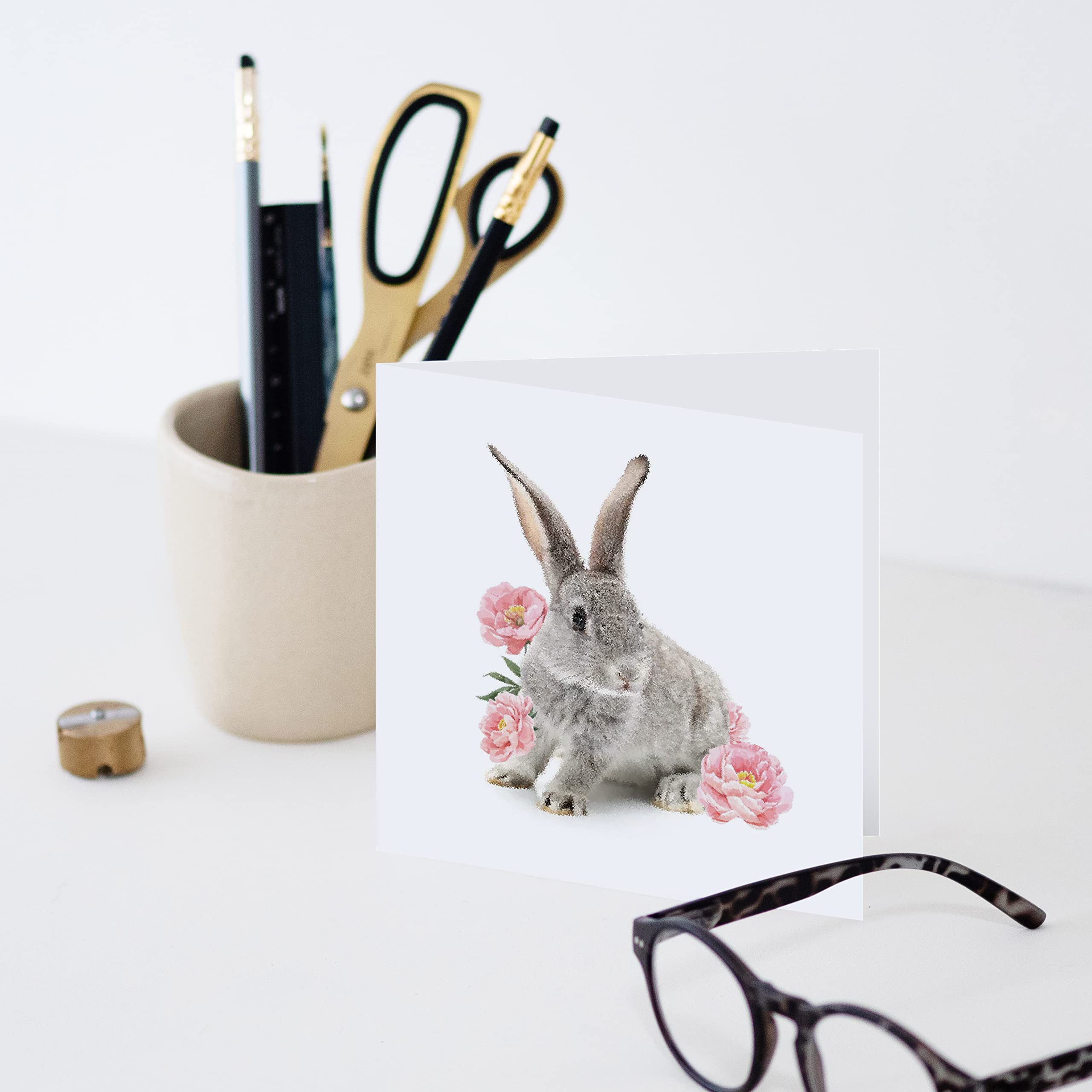 Geburtstagskarte Mit Kaninchen & Blumen – Botanisches Design, Blanko Innen, Inkl. Umschlag