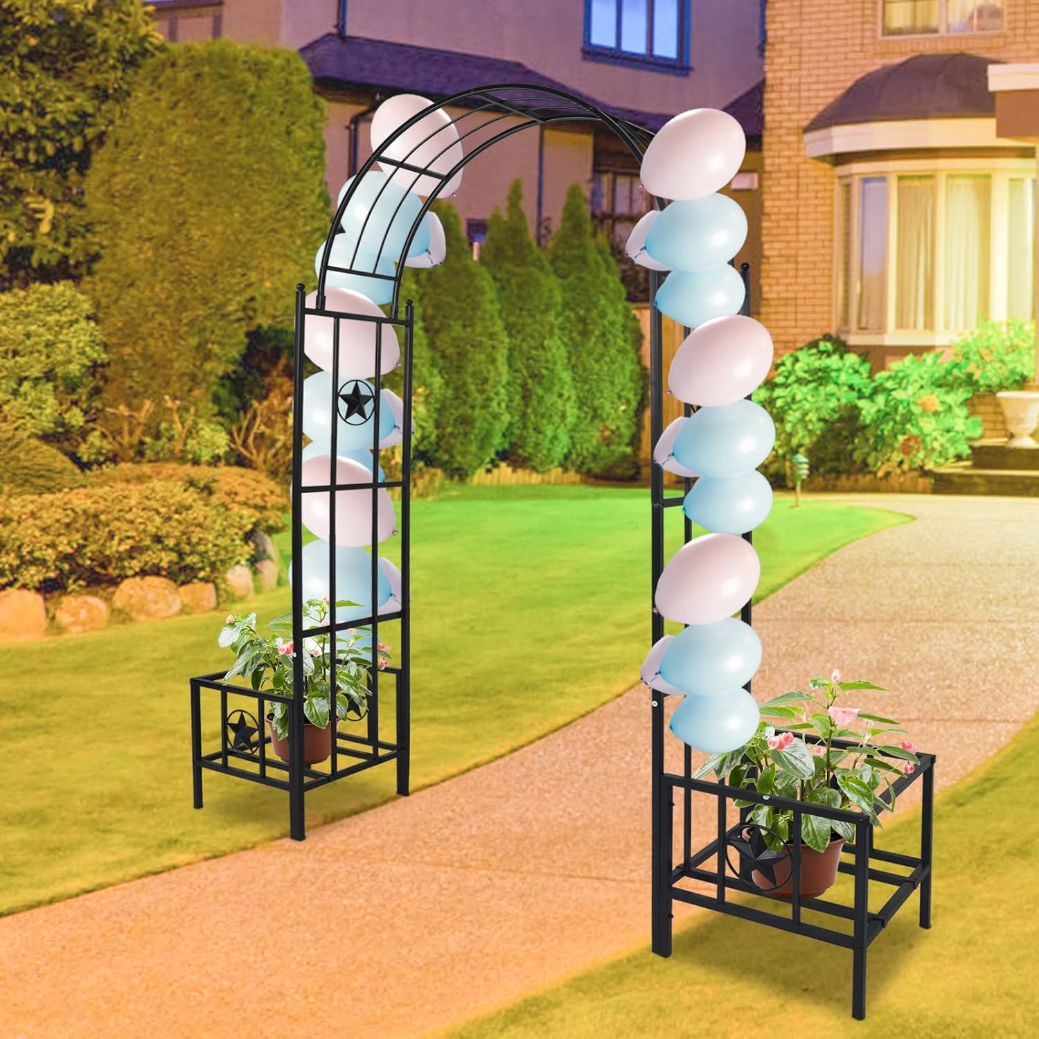 Metal Garden Arbor Outdoor Arch 7’5’’H x6’7’’W Trellis Climbing Plants Flowers Balloon for Wedding Party, Yard, Patio