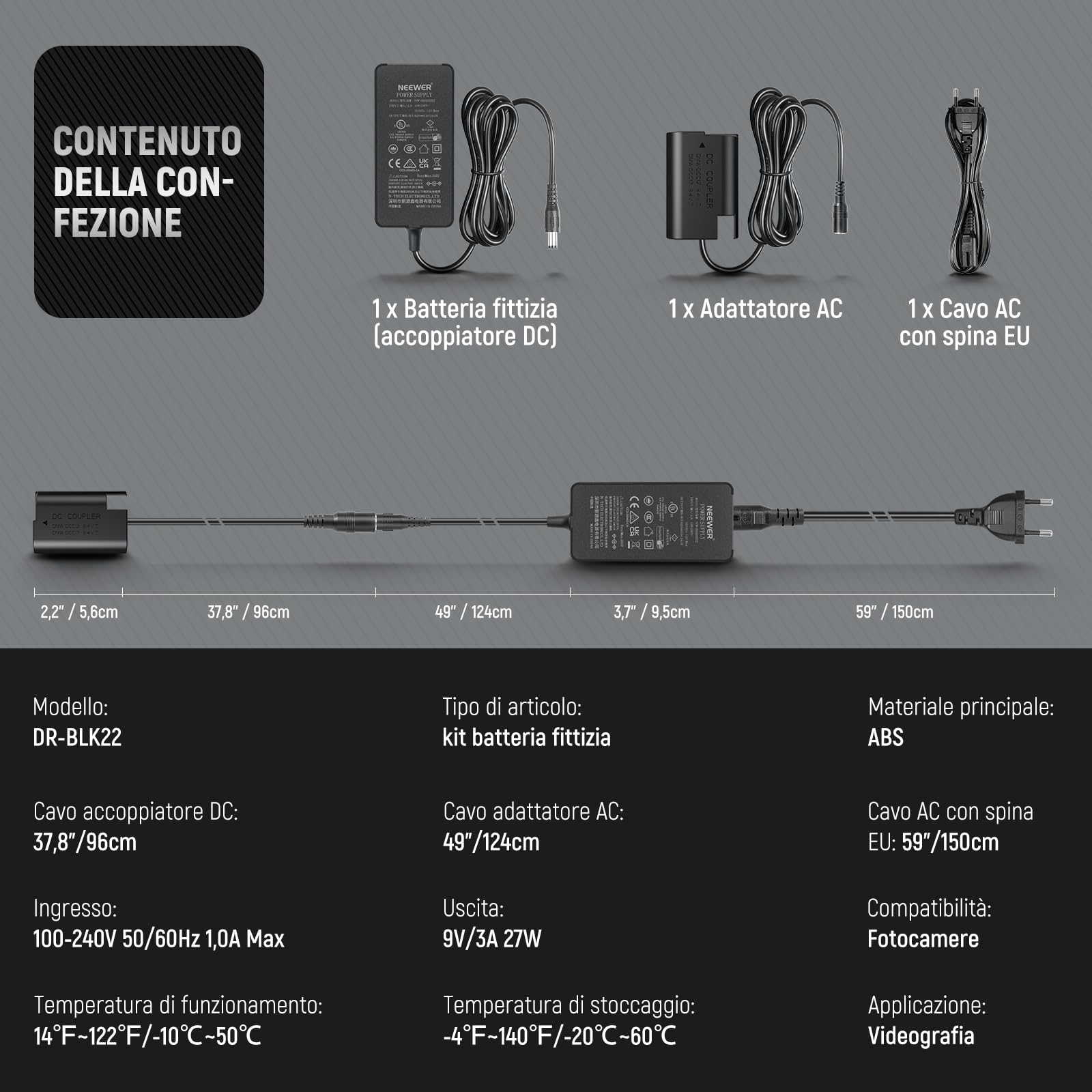 NEEWER Adattatore AC Power DMW-BLK22 & Kit Caricabatterie Batteria Factice Accoppiatore DC Compatibile con Panasonic Lumix GH5 II GH6 II S5II S5IIX S5M2 S5M2X GH5M2
