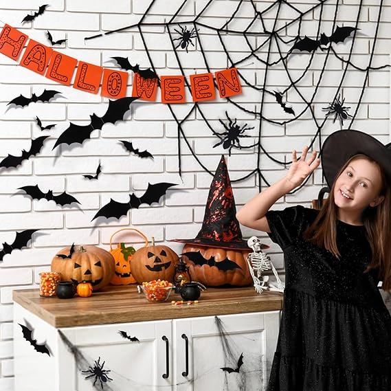 72 PCS Halloween 3D Bats Decoration, Halloween Bats Wall Sticker, 3D Bats Decal Halloween Party Decoration DIY Supplies, Scary Bats for Home Window, Party, Bar, Room Decor