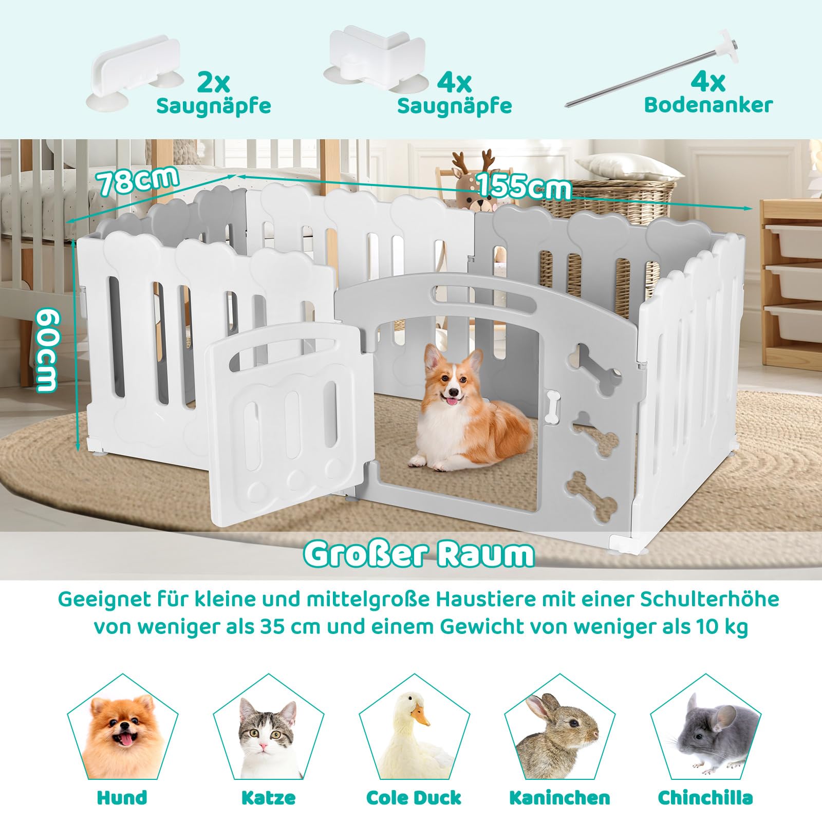 Recinto per Cani da Interno Esterno alto 60cm, Box per Cani 5+1 Pannelli, Recinzione per Cani Pieghevole, Recinto per Gatti in Plastica con Cancello, Incluse Ventose e Ancoraggi a Terra, Grigio-Bianco