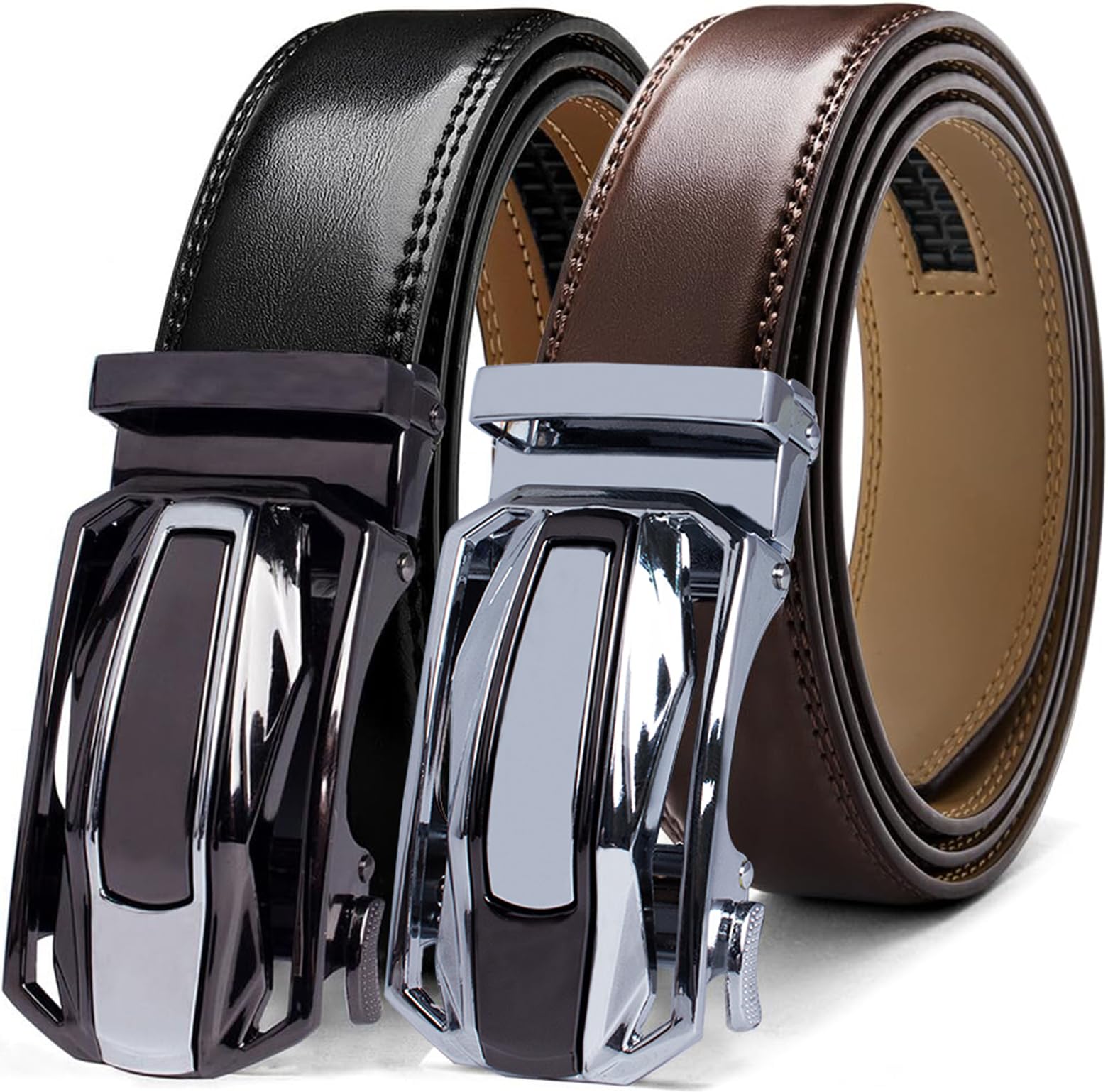 DOOPAI Men's Ratchet Leather Belt Set - 2 Pack Sliding Belt Adjustable For Gift Mens Dress Casual 1 3/8",Cut for Fit