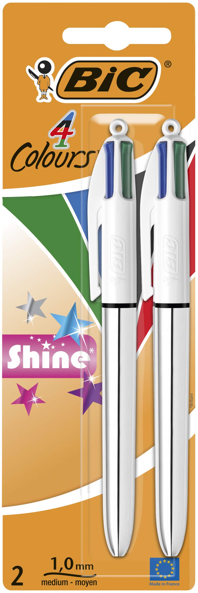 BIC 950639 4 Colours Shine Lot de 2 Stylos Bille 1 mm corps Argent