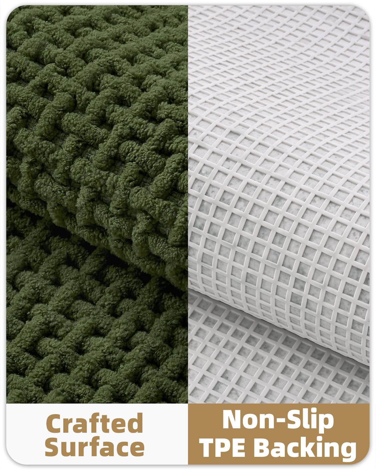 Alfombras de baño de pelo de chenilla de color y geometría mejoradas más apretadas, 43 x 75 cm, alfombrillas de baño verdes absorbentes antideslizantes para el baño, ajuste delgado debajo de la puerta