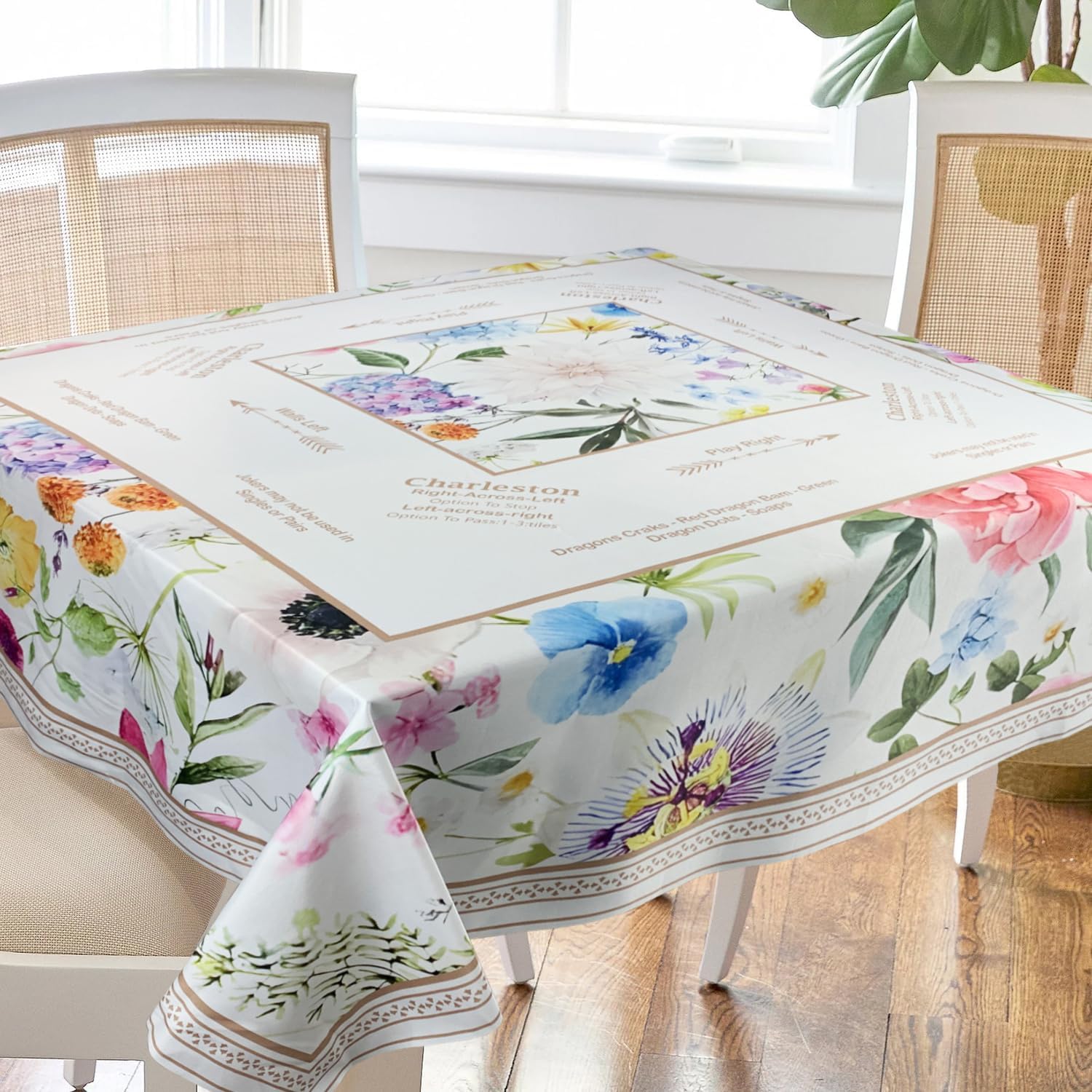 SHIYUE Chinoiserie Mahjong Tablecloth Mats Floral Card Table Cloth 55" x 55" Square Game Instructions for Beginner, Card, Board Tile Games Gift (Colorful Flowers)