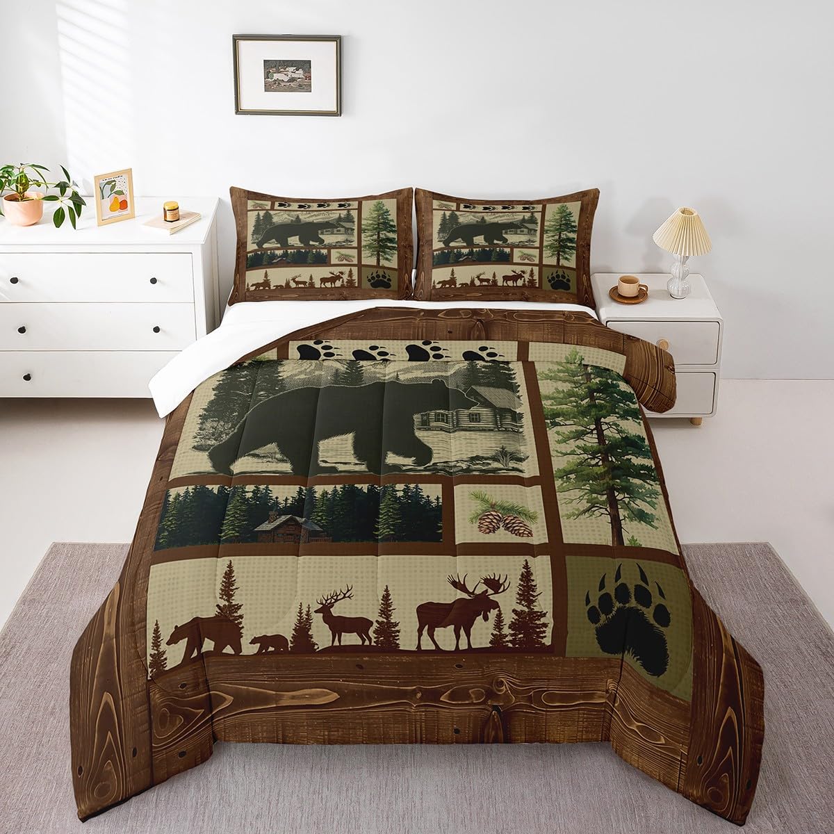 Manfei Bear Hunting Comforter Set King Size, Wild Animal Bedding Set 3pcs for Kids Boys Teens Bedroom Decor, Rustic Farmhouse Hunting Theme Wildlife