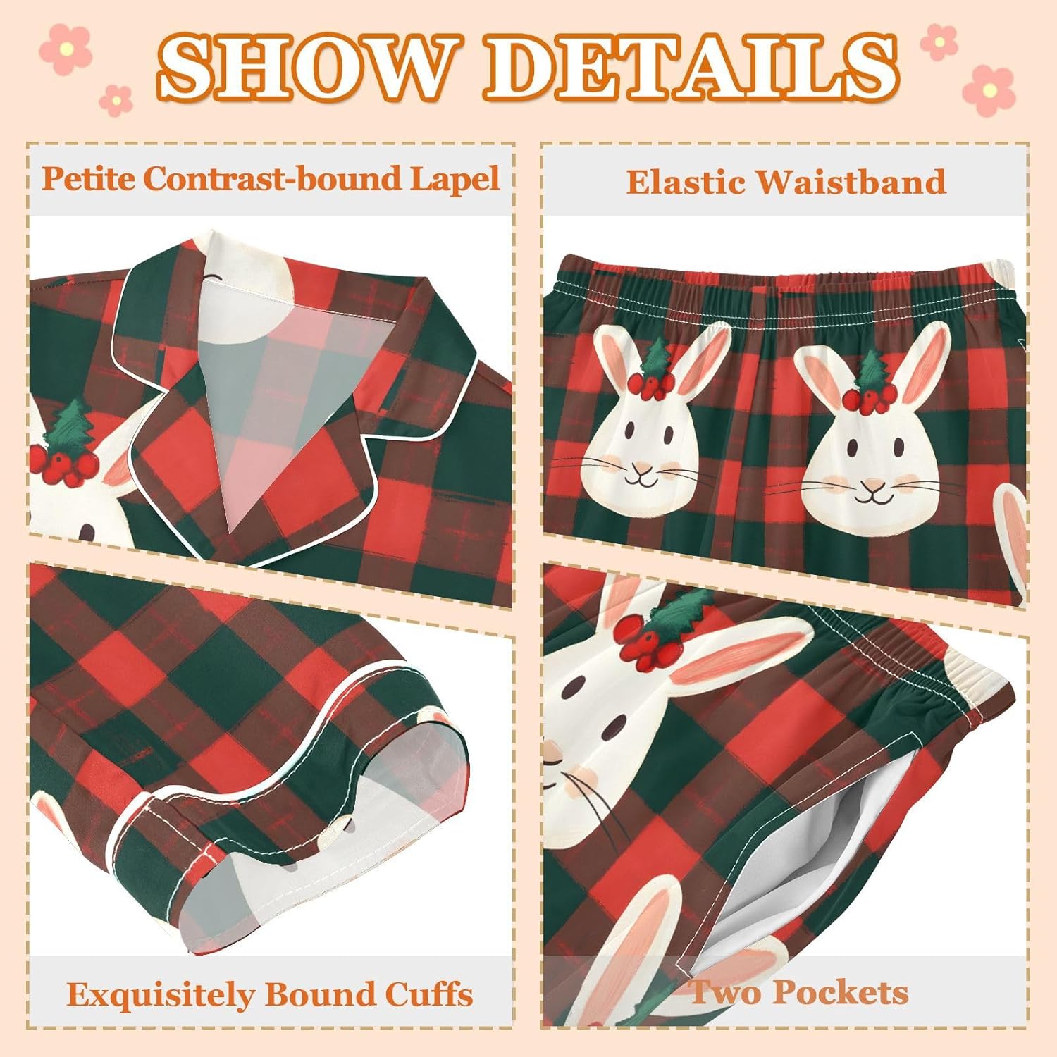 senya Rabbit Face Checked Satin Pajama Sets Long Sleeves Nightwear Button Down Sleepwear