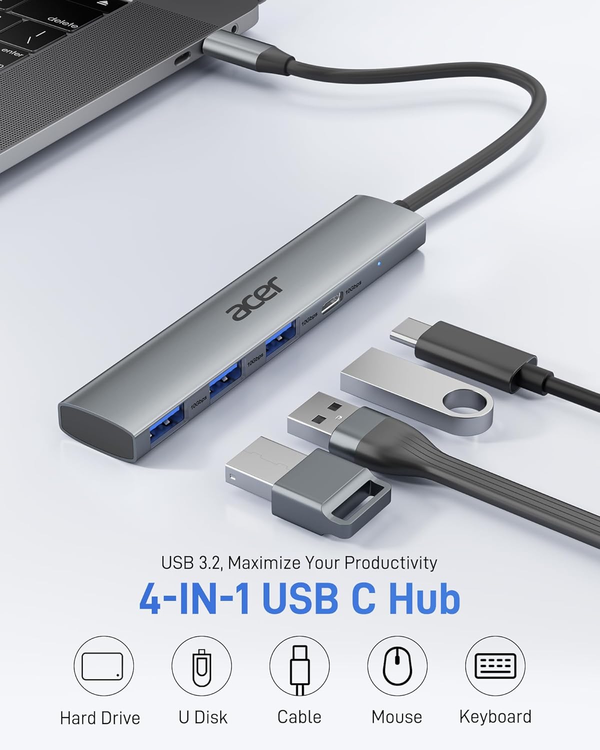 Acer USB C Hub 10Gbps, USB 3.2 Gen 2 Adapter with 3 USB-A & 1 USB-C Ports, High Speed Type C Multiport Splitter for MacBook, iPhone 16/15, iPad, Surface Pro, Chromebook, Dell XPS and More