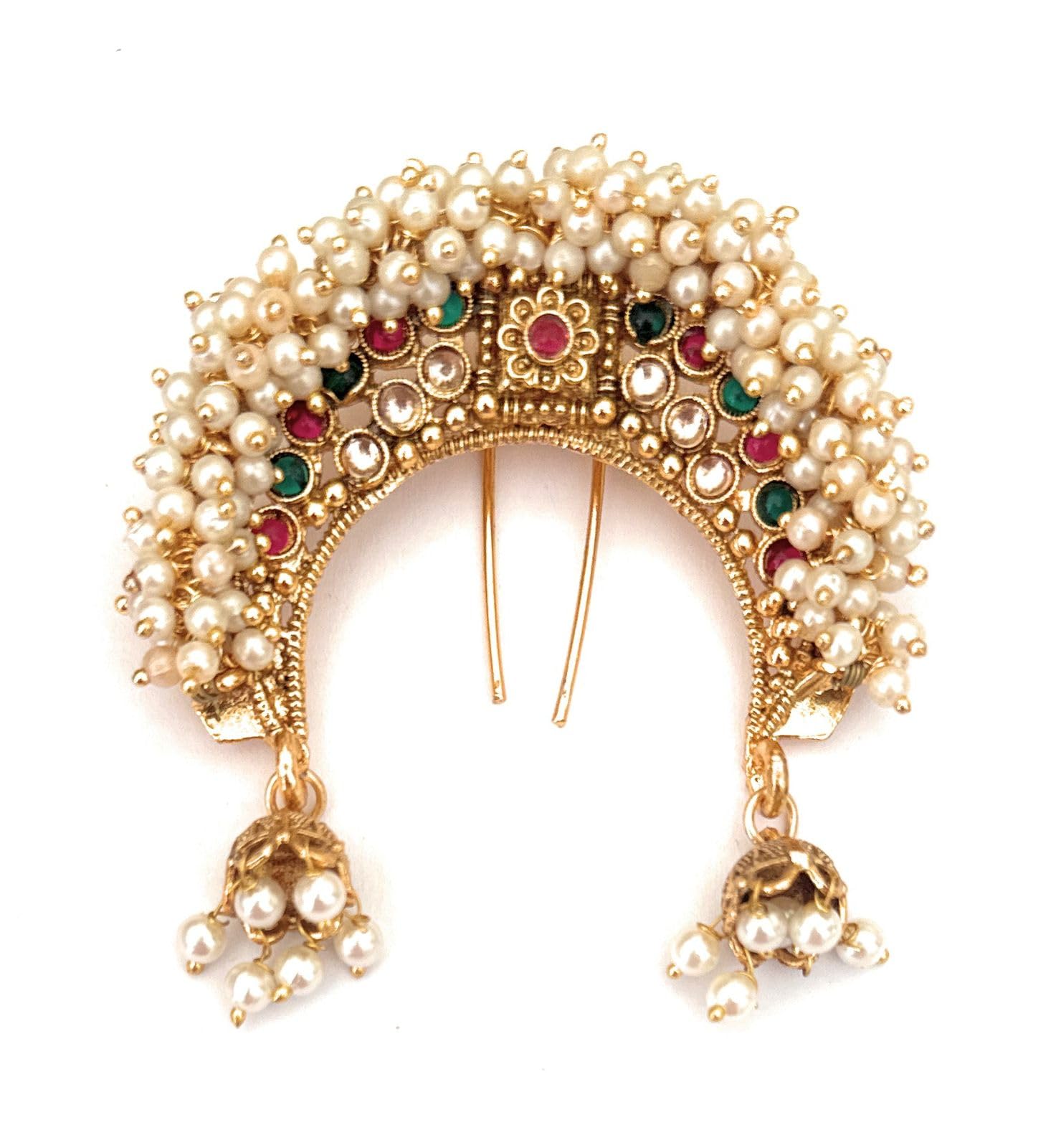 Latest Antique Gold Color Small Jada Billalu for Hair Traditional Bridal Jada Billa for Women Girls (Pack of 1) Colorful Stones Pearls Wedding Hair Accessories Fancy Party Hair Pins Stylish Juda Pins Bun Pins Center Clips for Children (multi color stones)-image-20
