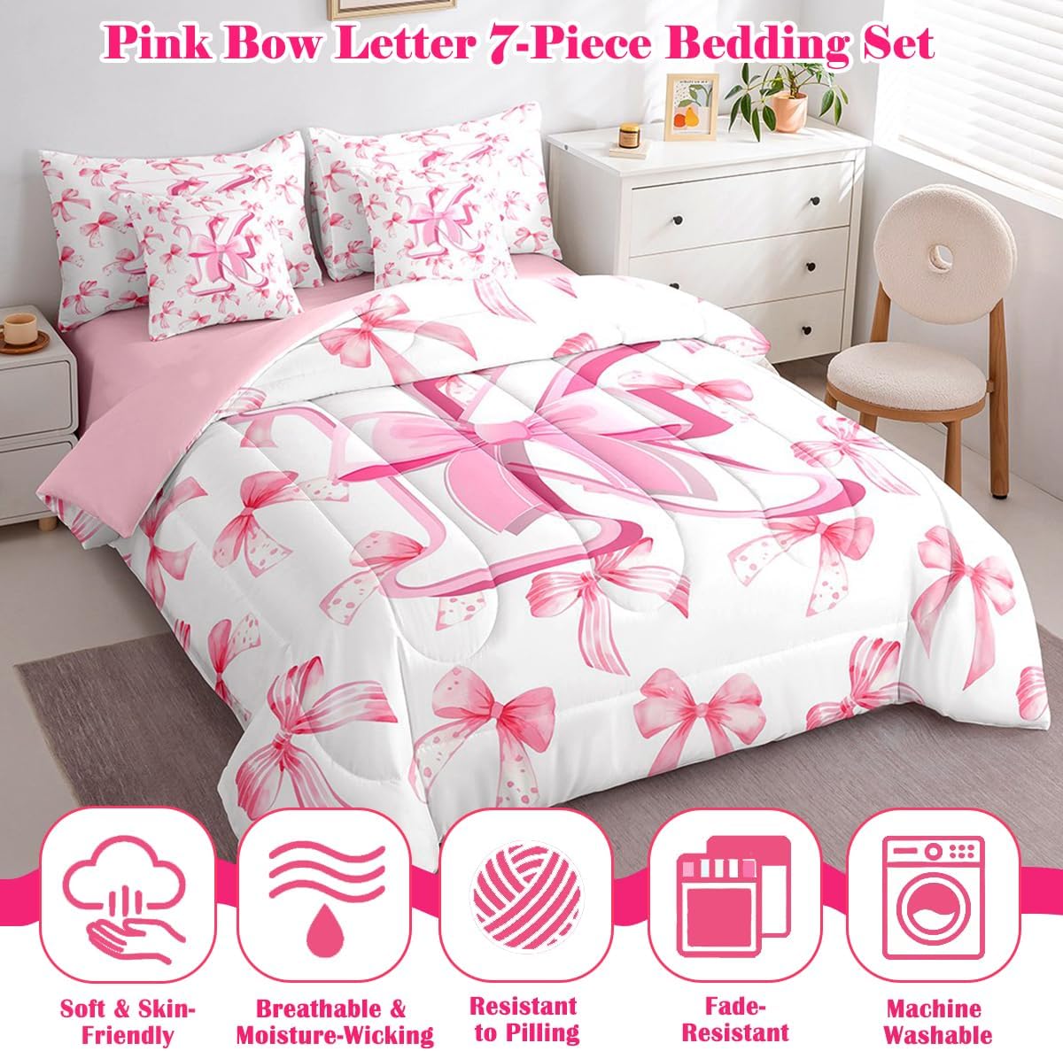 jejeloiu Kids Girls Cute Pink Bow Comforter Set with Sheets Full Size Monogrammed 7 Piece Bedding Set Personalized Initial K Bed in a Bag with Comforter,Sheets,Pillowcases Coquette Bow Modern Fashion