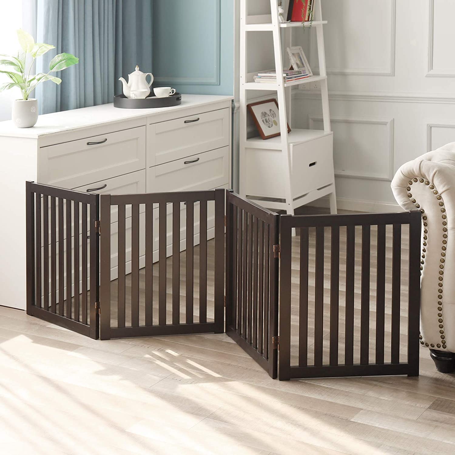 Wooden Freestanding Pet Gate 60 Inch 24 Panel Step Over Fence Expands