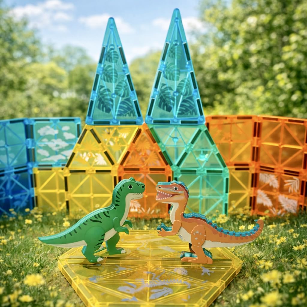 Wonder Toys STEM zestaw do budowania dinozaurów, 63 części, klocki magnetyczne 3D, zabawka edukacyjna od 3 lat