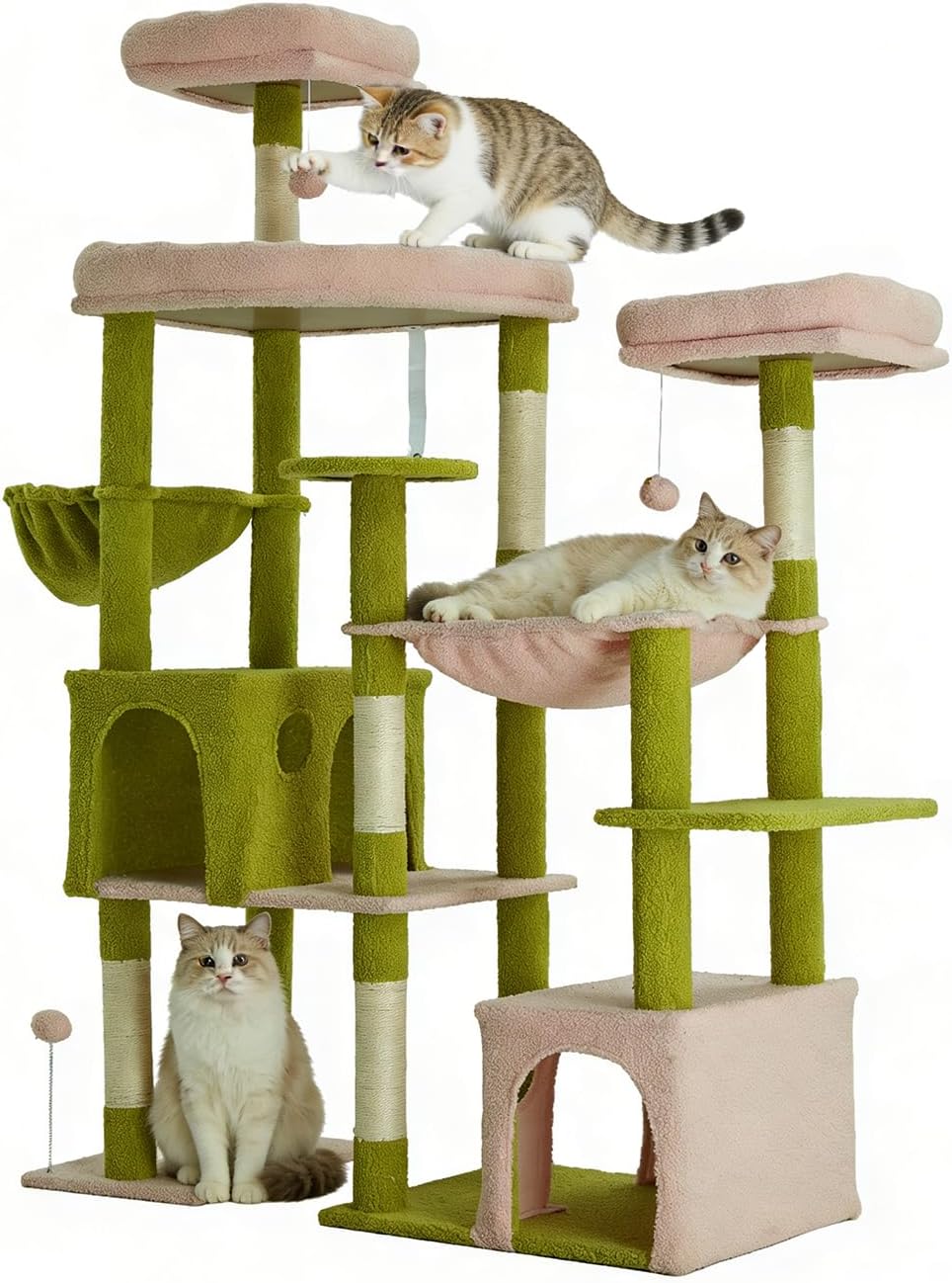 Indoor Cat Tree for Large Cats, 64.5 Inch Multi-Cat Cat Tree, Includes 3 Perches, 2 Cat Beds, 2 Hanging Baskets, Ideal for Multiple Cats to Play (Green + Pink)