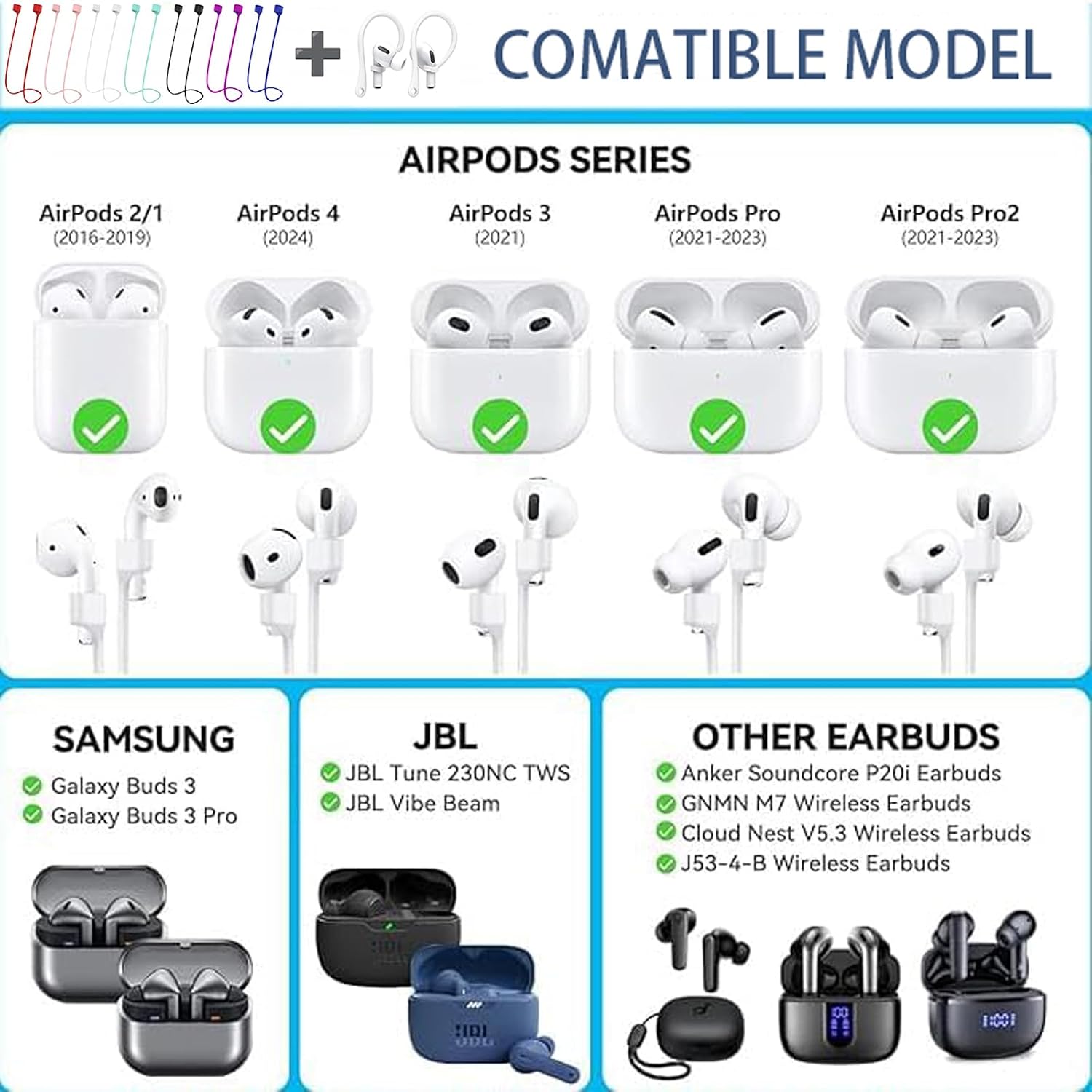 (7 Pack Straps + 2 Pack EarHook+1 Pack Lanyard) Ultra Strong Magnetic Straps for AirPods,Anti-Lost Cord for AirPods 4rd Pro 1st 2nd 3rd 1st 2nd Silicone Sports Lanyard and Ear Hook