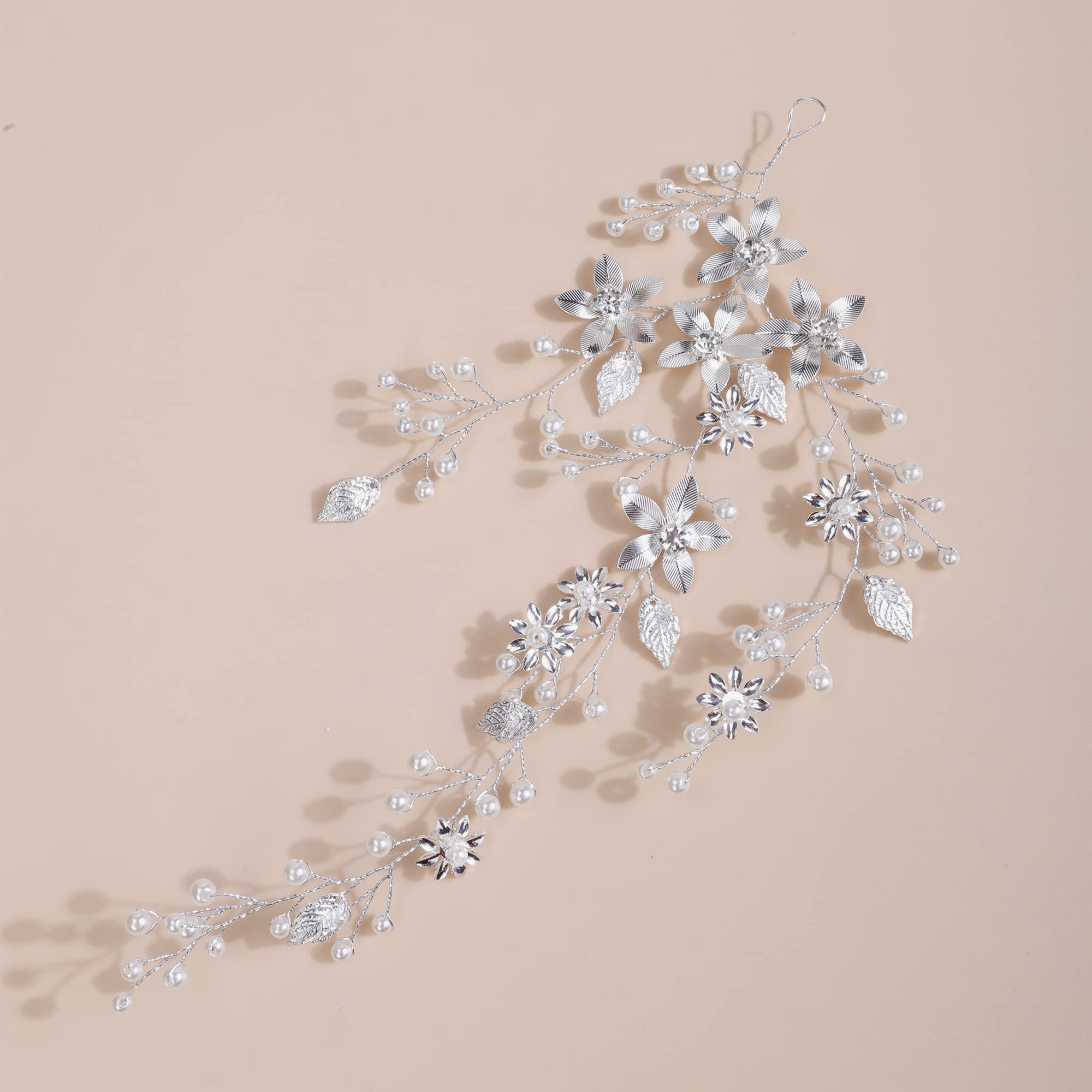 BERYUAN Wedding Pearls Crystal Rhinestone Headband Silver Leaf Flowers Bride Hair Vine Women Girls Silver Wedding Hair Accessories Silver Bride Headbnad for Wedding Women and Girls (silver) - Image 4