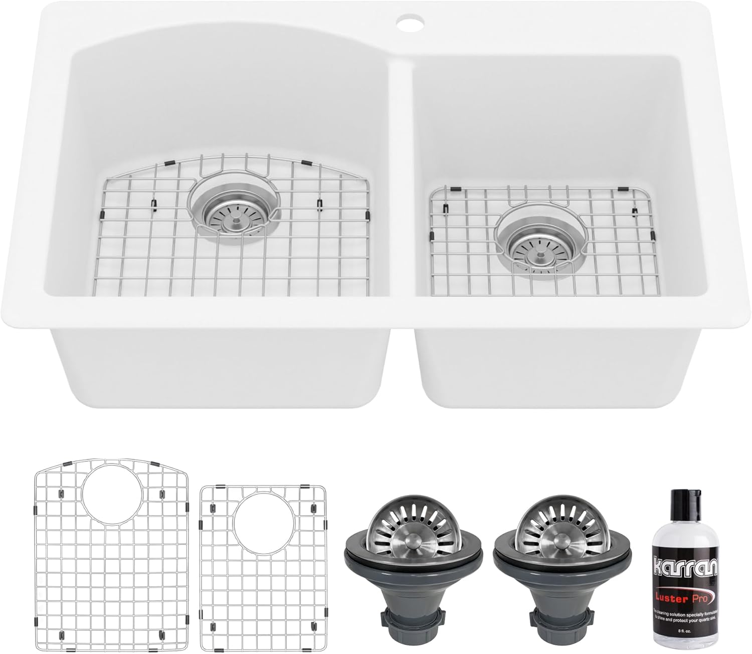 Karran QT-610 33 Inch Top Mount 60/40 Double Bowl Quartz Composite Kitchen Sink Kit in White, Large/Small Bowls, Includes Bottom Grids, Basket Drains, Luster Pro Polish, Heat & Scratch Resistant