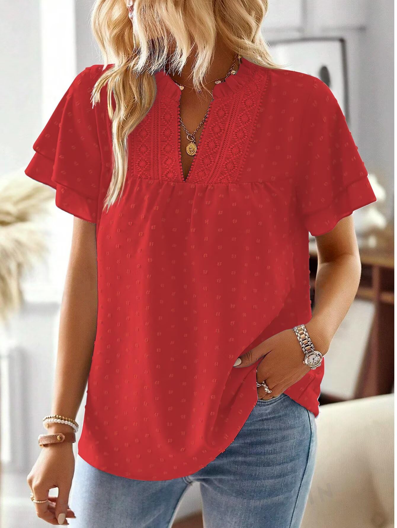 Chemisiers et Blouses Femme à Manches Courtes d'Été Col en V Tunique Bohème Fluide Chemise Élégant Lâche Plissé Blouse