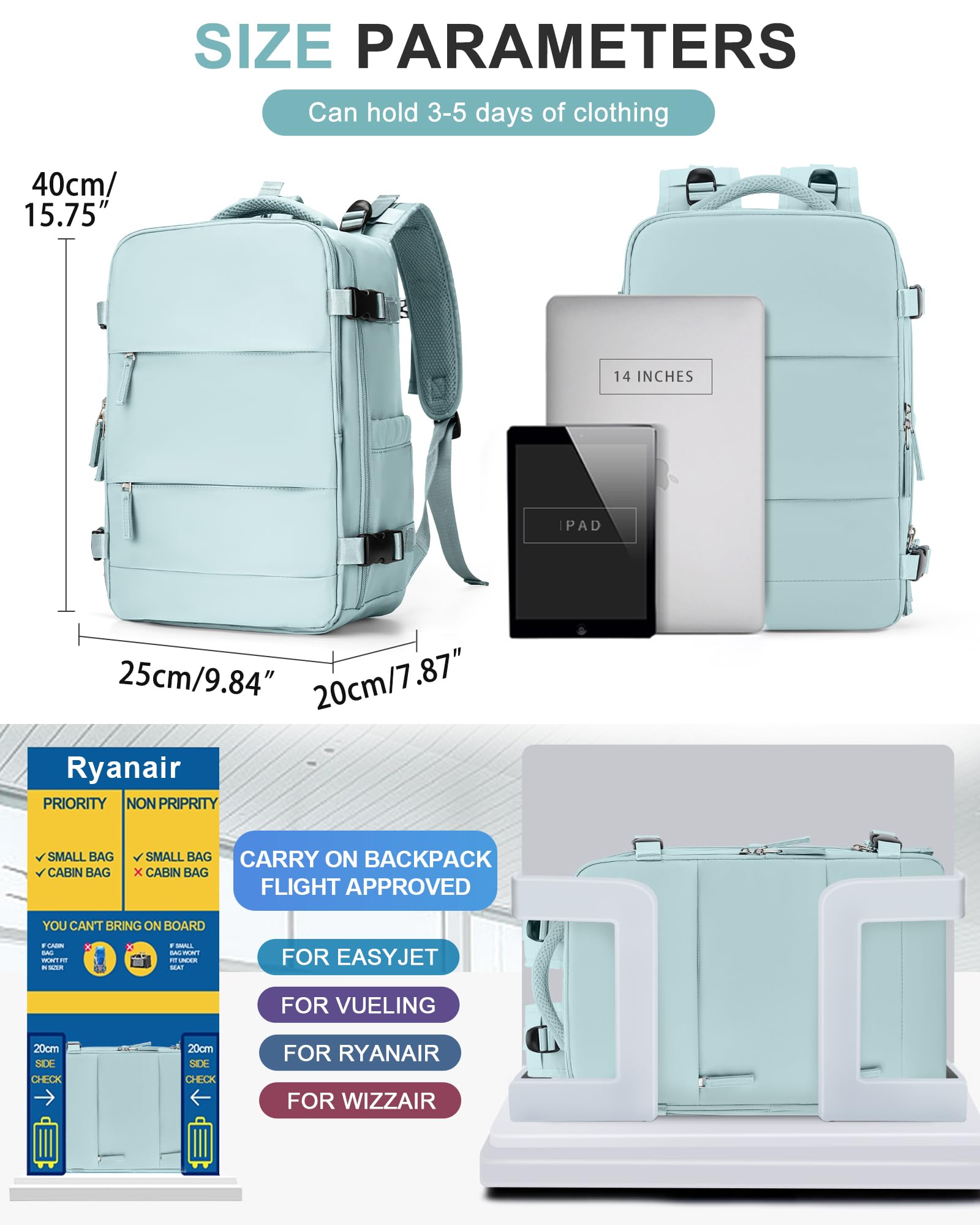 BJLFS Borse da Cabina per Ryanair 40x20x25 Bagaglio a Mano Zaino Borsa Zaino da Viaggio, Zaino da trekking,Zaino Easyjet 45x36x20,Zaino Casual per laptop da 14 pollici per scuola