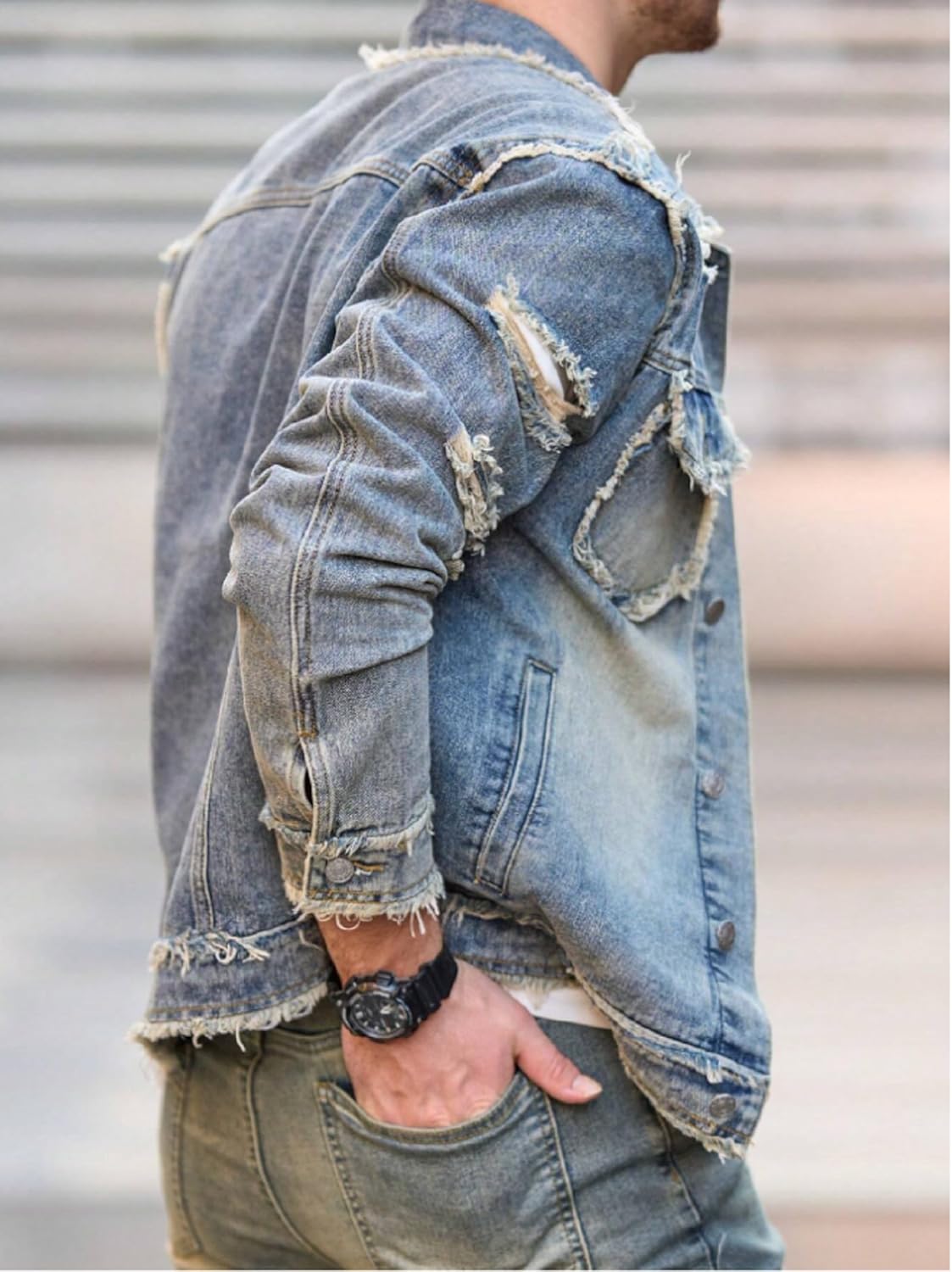 Huang's Men's Denim Jacket with Distressed Ripped Details Classic Fit Non - Stretch Fabric Cool Stylish Caual Coat - Image 5