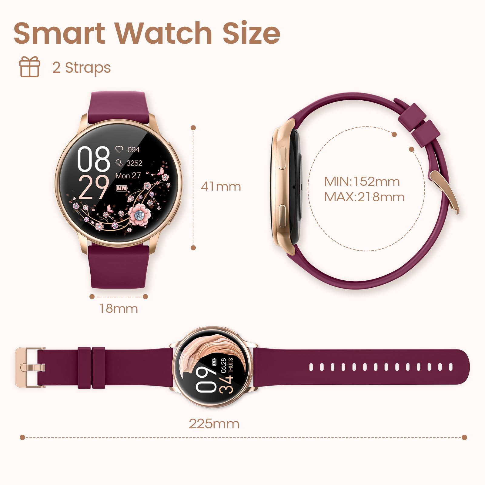 RUXINGX Smartwatch Damen 1.27" HD Touch Screen, SpO2 Pulsuhr Fitness Tracker IP68 Lila