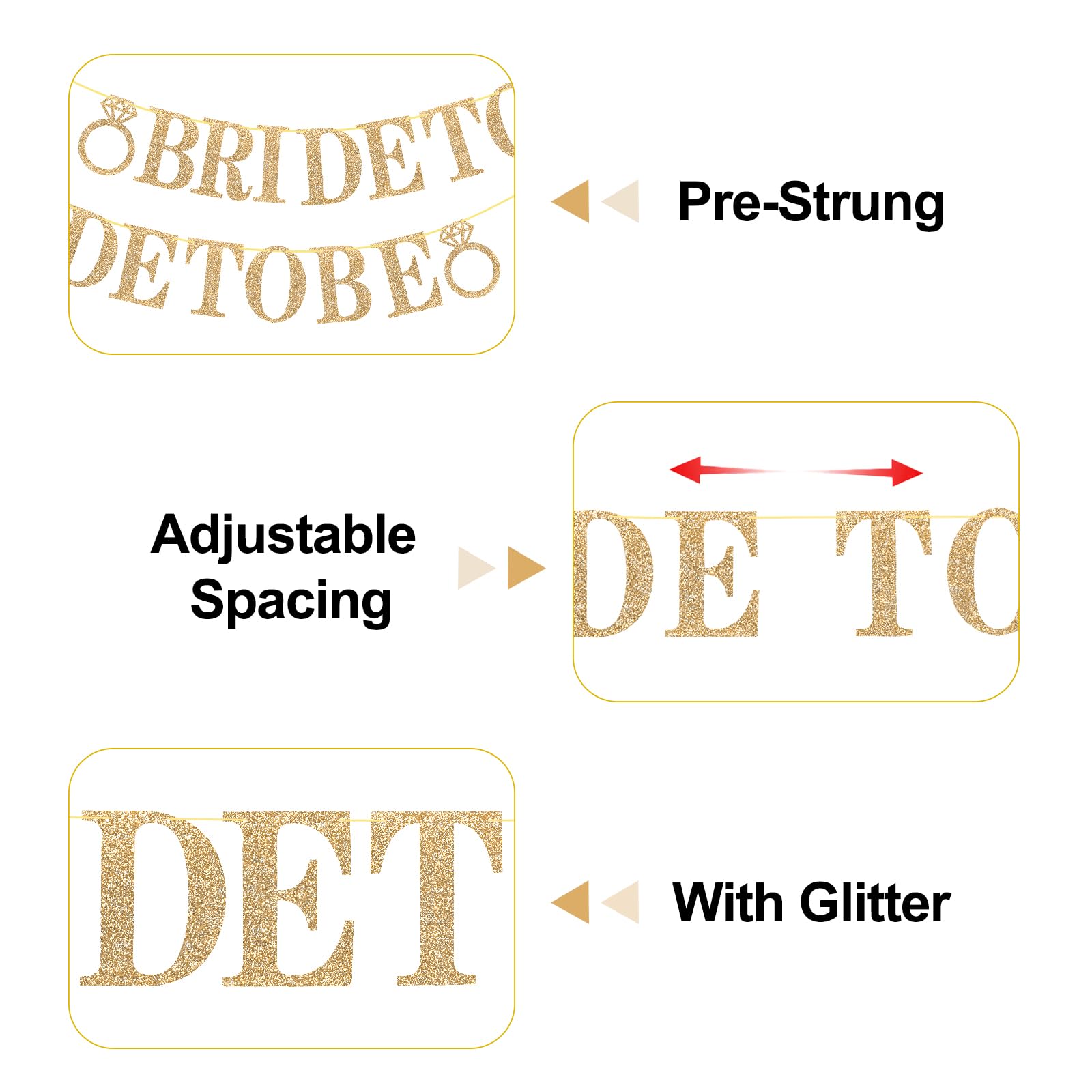 G2PLUS Bride To Be Banner: Champagne Gold Glitter Paper Garland, 3.5M Bride to Be Garland with Ring - Image 3