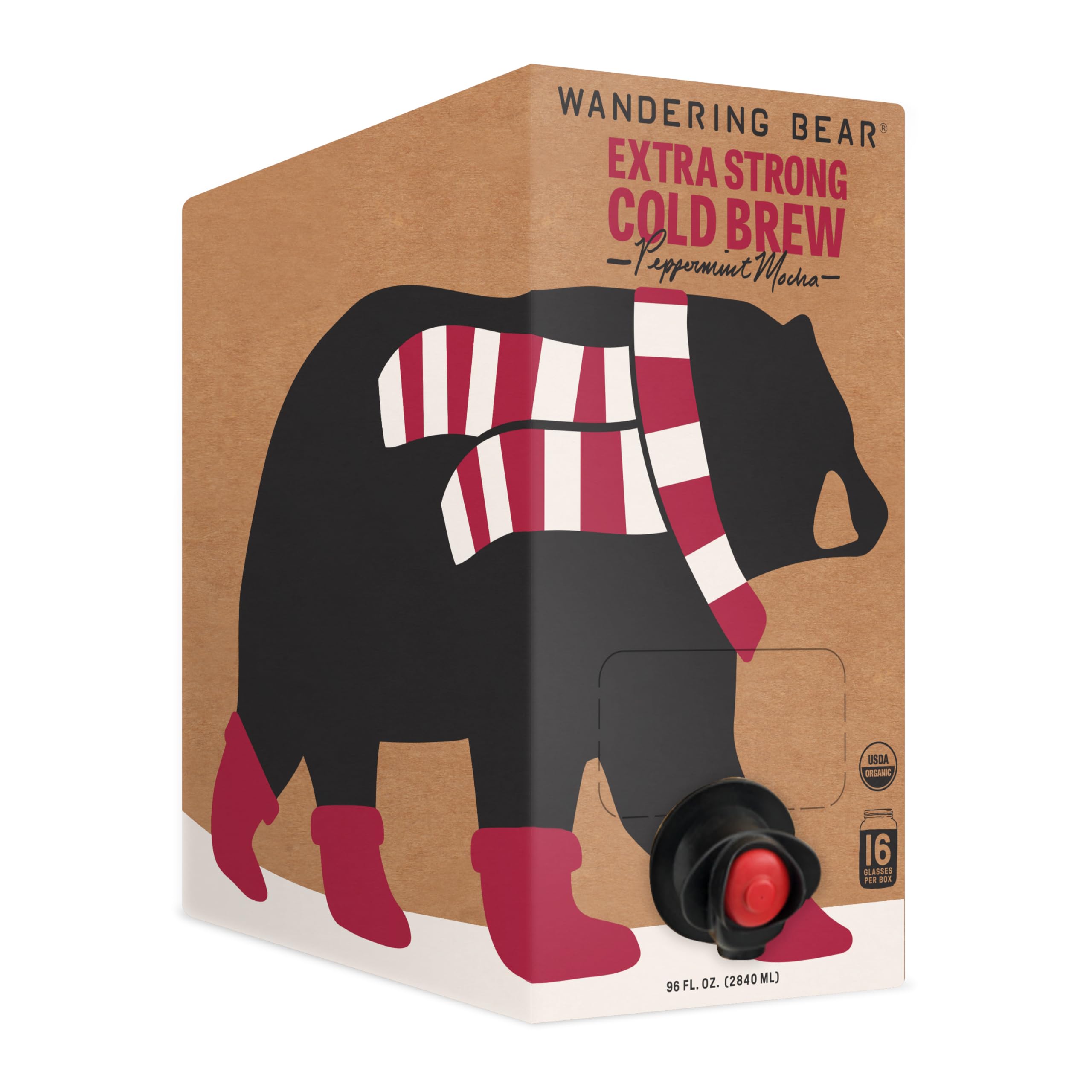 Wandering Bear Organic Peppermint Mocha Cold Brew Coffee On Tap, Iced Coffee, 96 fl oz - Extra Strong, Smooth, Unsweetened, Shelf-Stable, Ready to Drink Peppermint Mocha Coffee