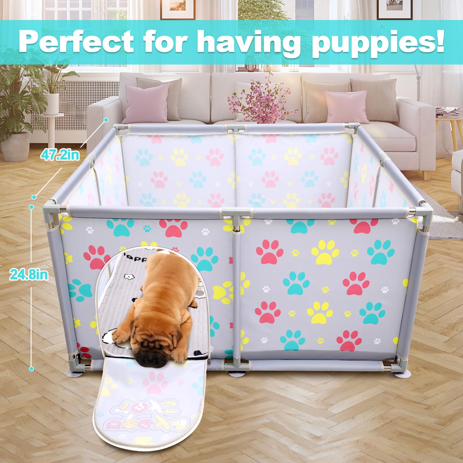 Caja de parto para perros, corral extra alto de 24.8 pulgadas con almohadilla de parto, suministros de parto para perros cachorros, caja de parto para perros grandes y pequeños (47 pulgadas de