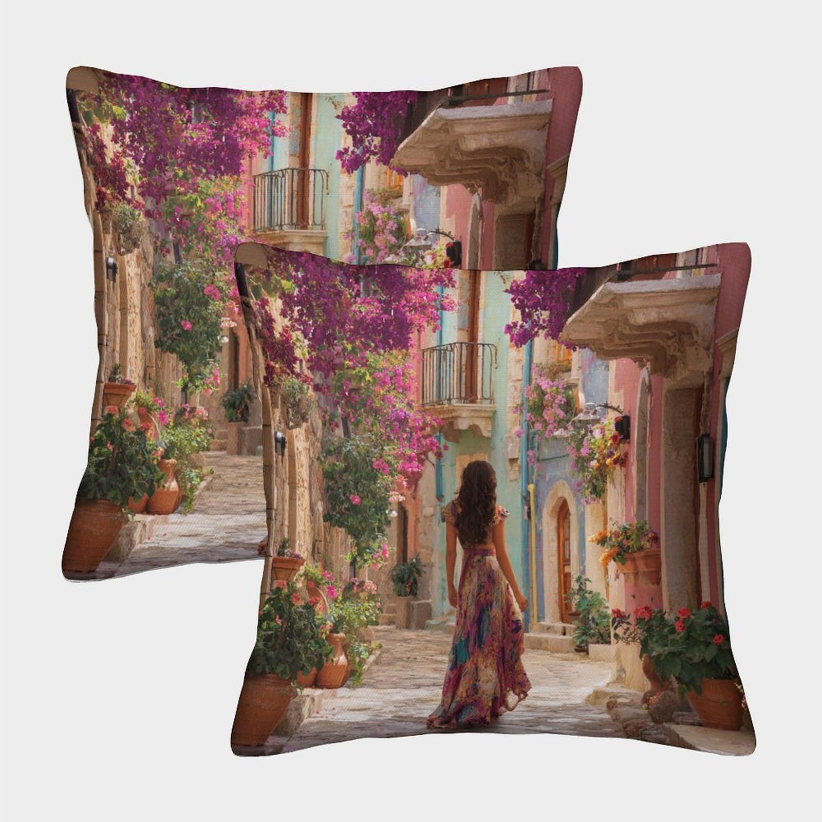 kaiyun 2 Pack A Beautiful Woman Strolls through European-style Architecture 3D Cushion Cover Pillow Cover Sofa Outdoor Decoration Square 40x40cm