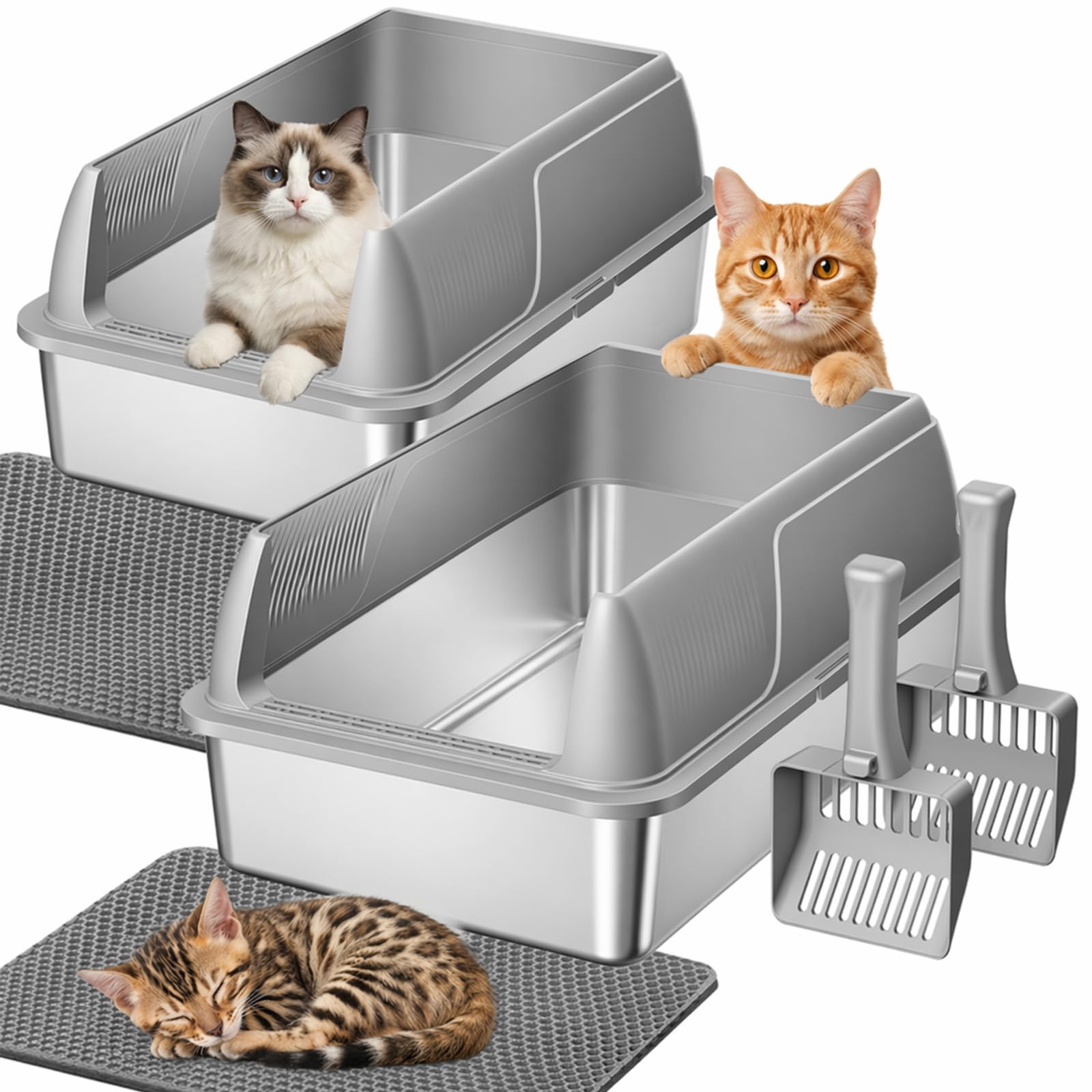 Gimars 2-Pack XL Stainless Steel Cat Litter Box