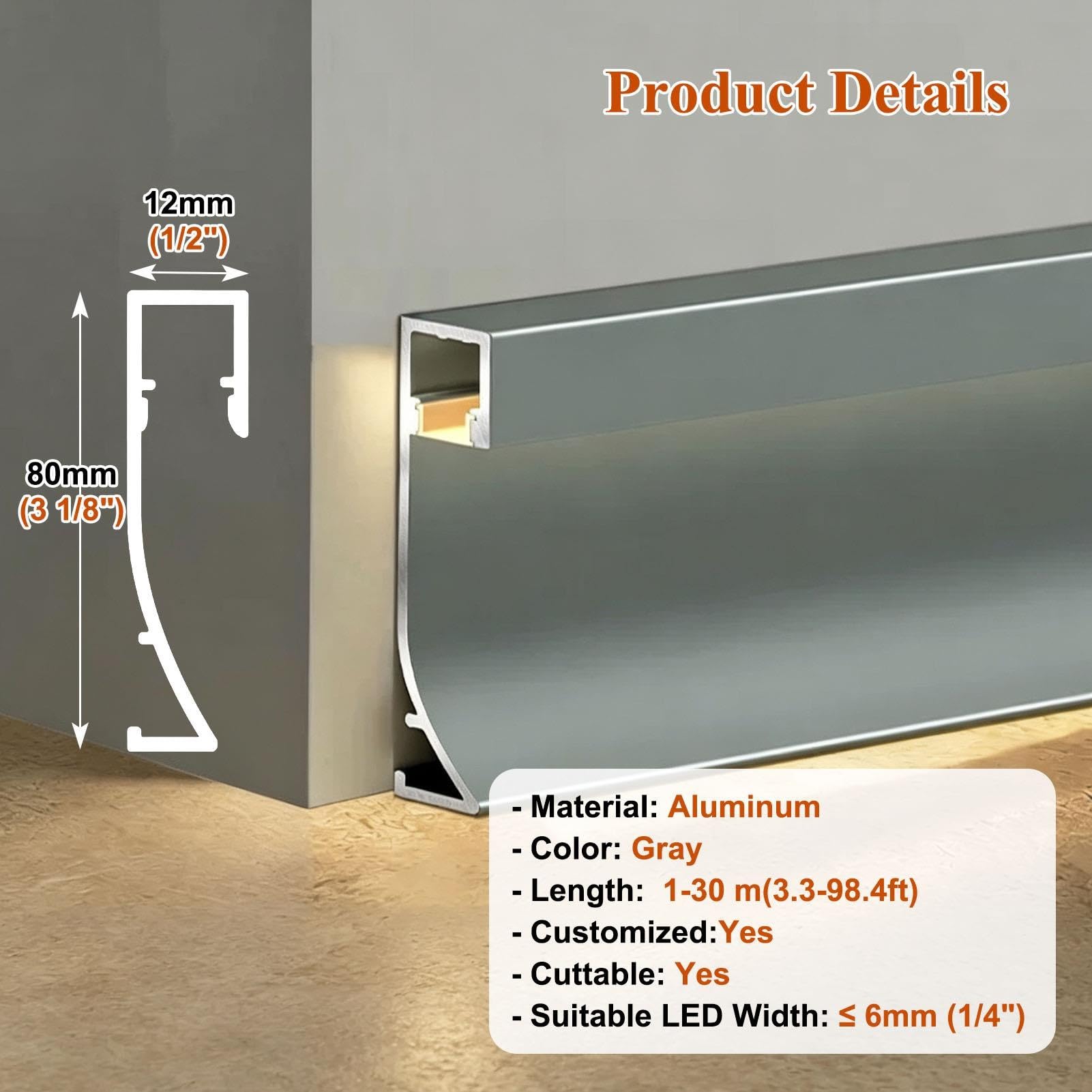 Veletta LED Doffitto Profilo in Alluminio per Illuminazione a Battiscopa | Profilo Moderno per Illuminazione a Battiscopa, Battiscopa con Funzione di Protezione Parete, Impermeabile(Gray,19.5m/64.0ft)