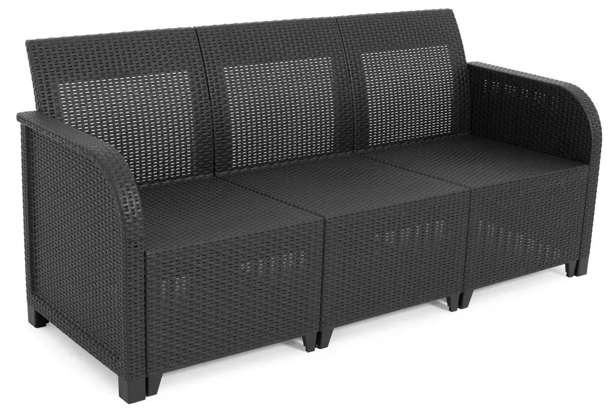 Keter - Conjunto de Jardín Sanremo con Dos sillones y sofá de 3 plazas con Mesa Auxiliar, Resina imitación ratán Trenzado.