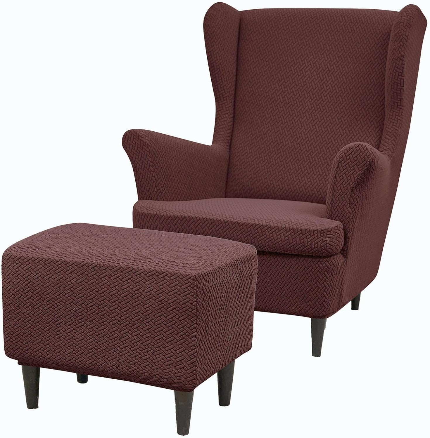 HACLEN Wingback Chair Cover with Ottoman Cover, Jacquard Wingback Chair Slipcover with Cushion Cover Stretch Washable Wing Chair Cover (Brown,one size)