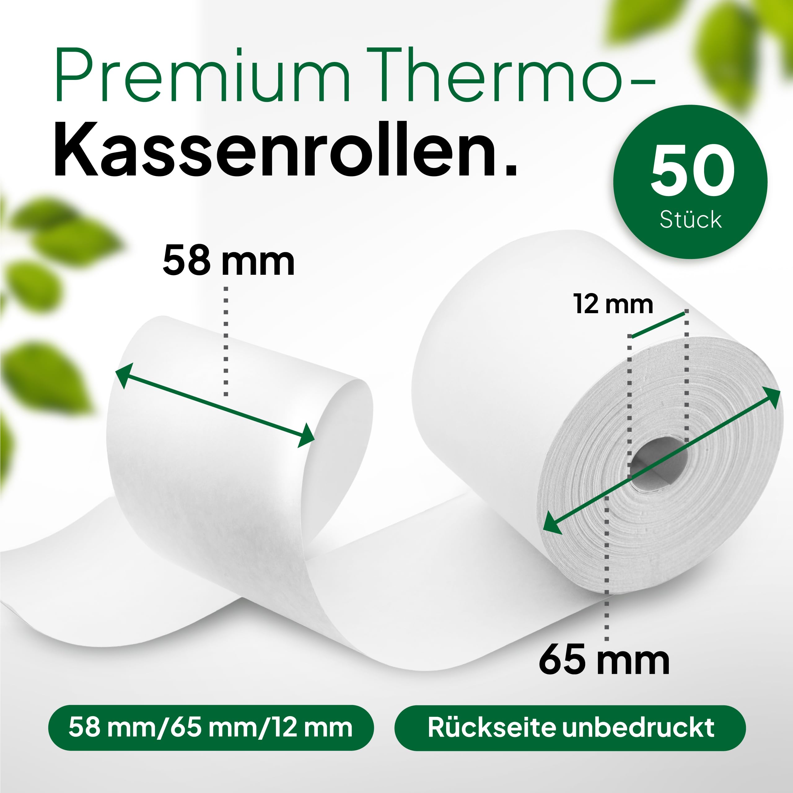 coreless - 50 Thermorollen 58mm x 65mm x 12mm ohne Plastikkern - Rolle aus Thermopapier