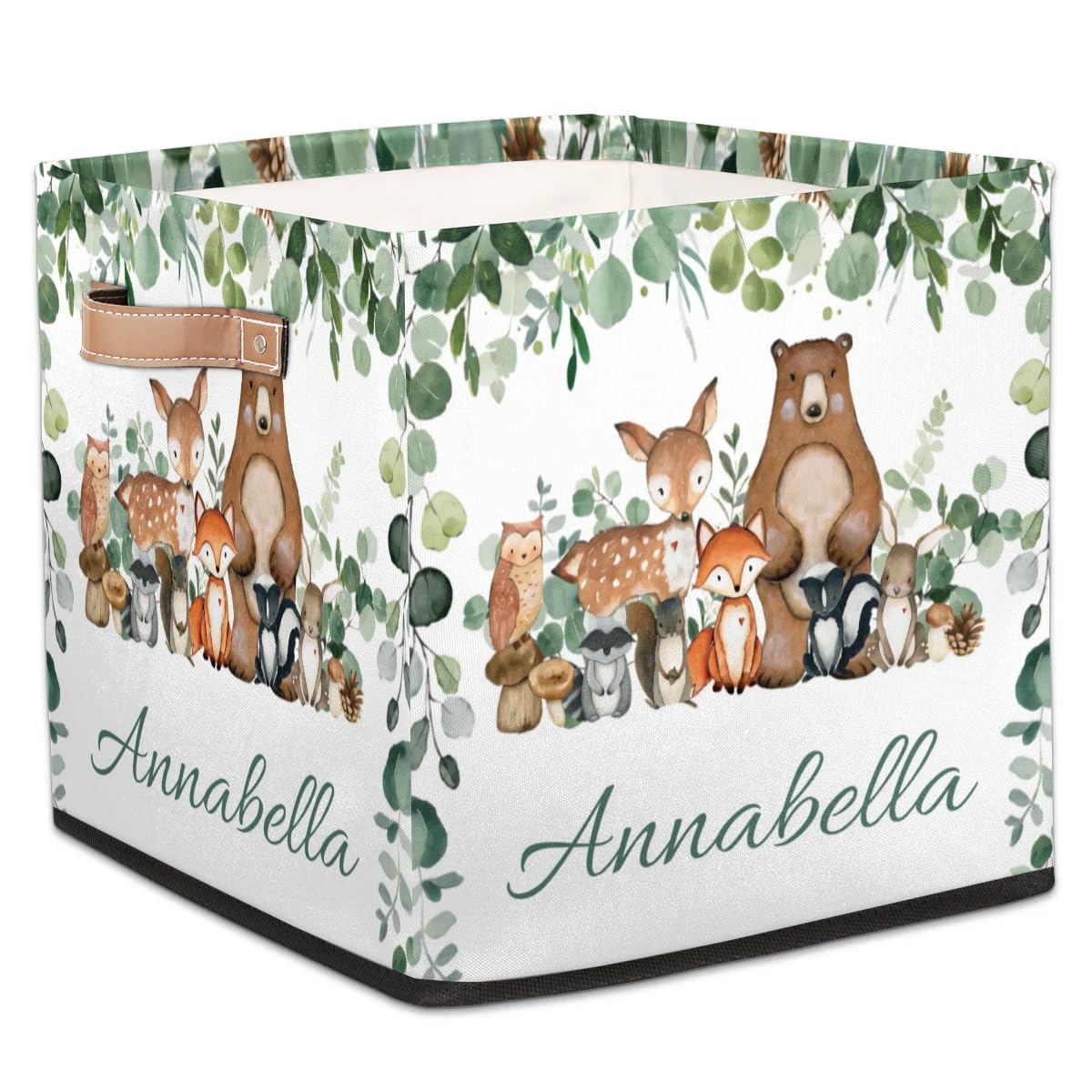 RIRIX Personalized Baby Gift Storage Basket Storage Bins, Custom Baby Basket Toy Box for Toddlers Nursery Toy Book Clothes Towel Greenery Woodland Animals